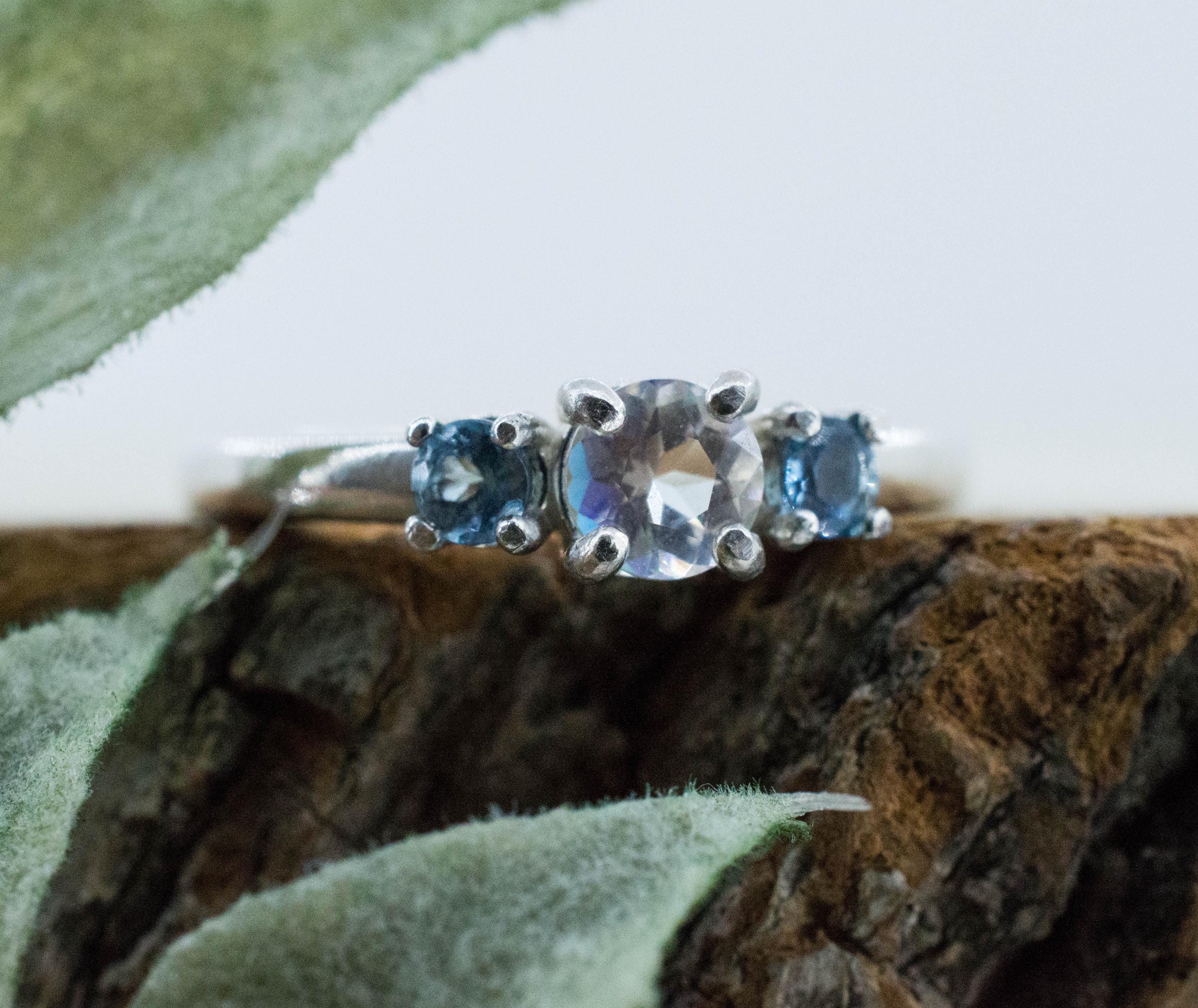 Rainbow Moonstone and Aquamarine Ring, Natural Untreated Madagascar Moonstone and Nigeria Aqua