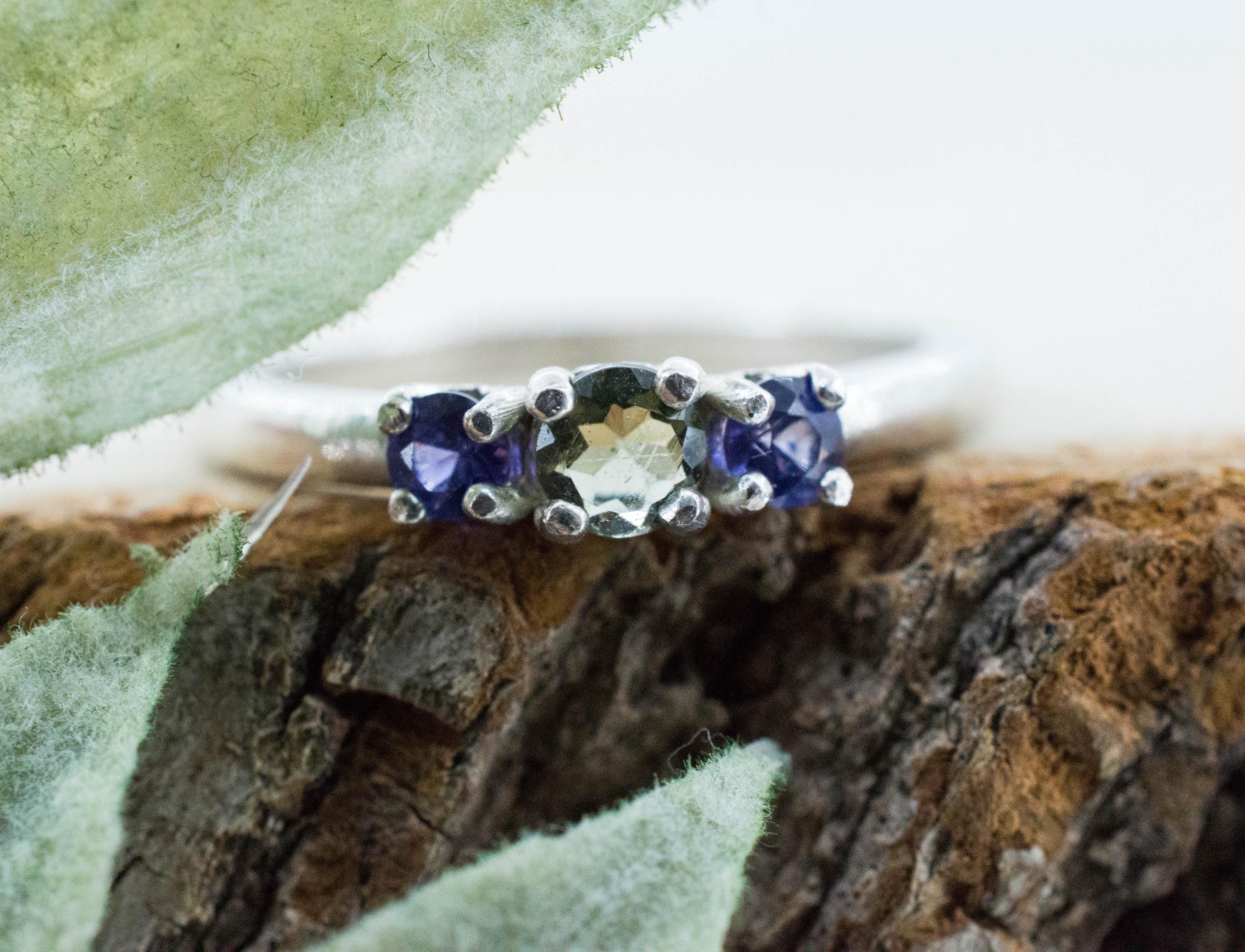 Moldavite and Sapphire Garnet Ring, Natural Untreated Moldavite and Garnet