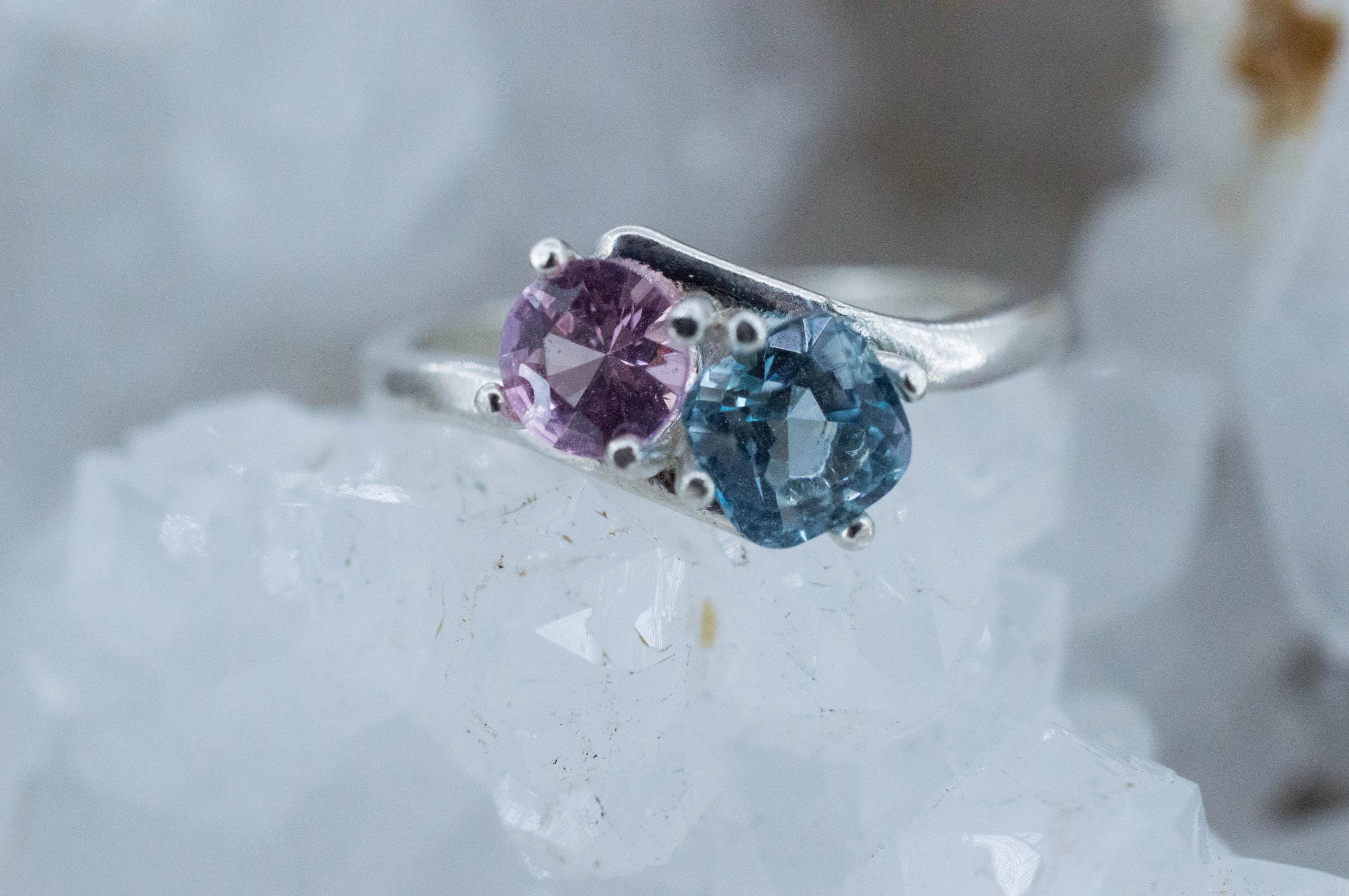 Aquamarine and Pink Spinel Ring, Natural Untreated Mozambique Aquamarine and Spinel