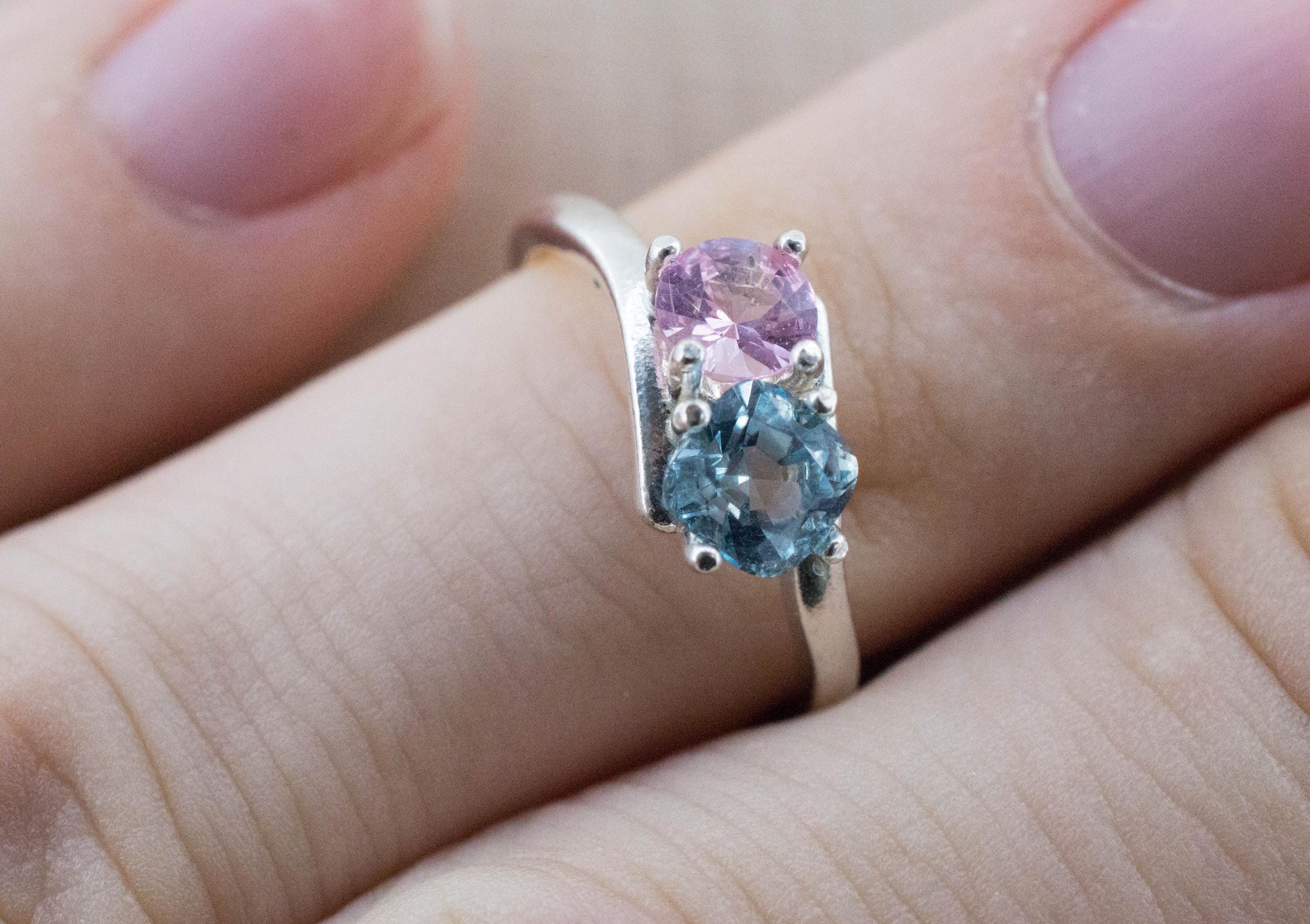 Aquamarine and Pink Spinel Ring, Natural Untreated Mozambique Aquamarine and Spinel