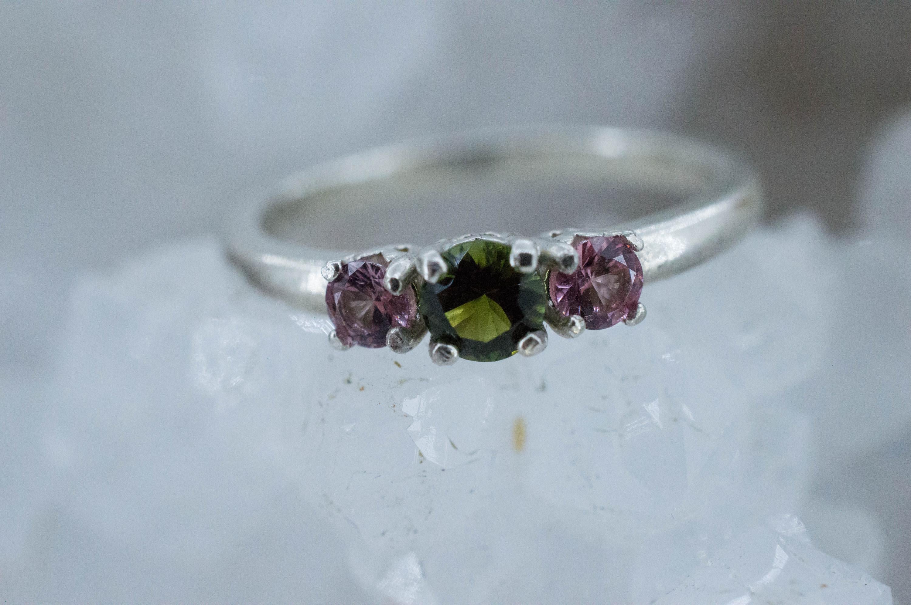 Green Tourmaline and Pink Spinel Ring; Natural Untreated Brazil Tourmaline and Vietnam Spinel