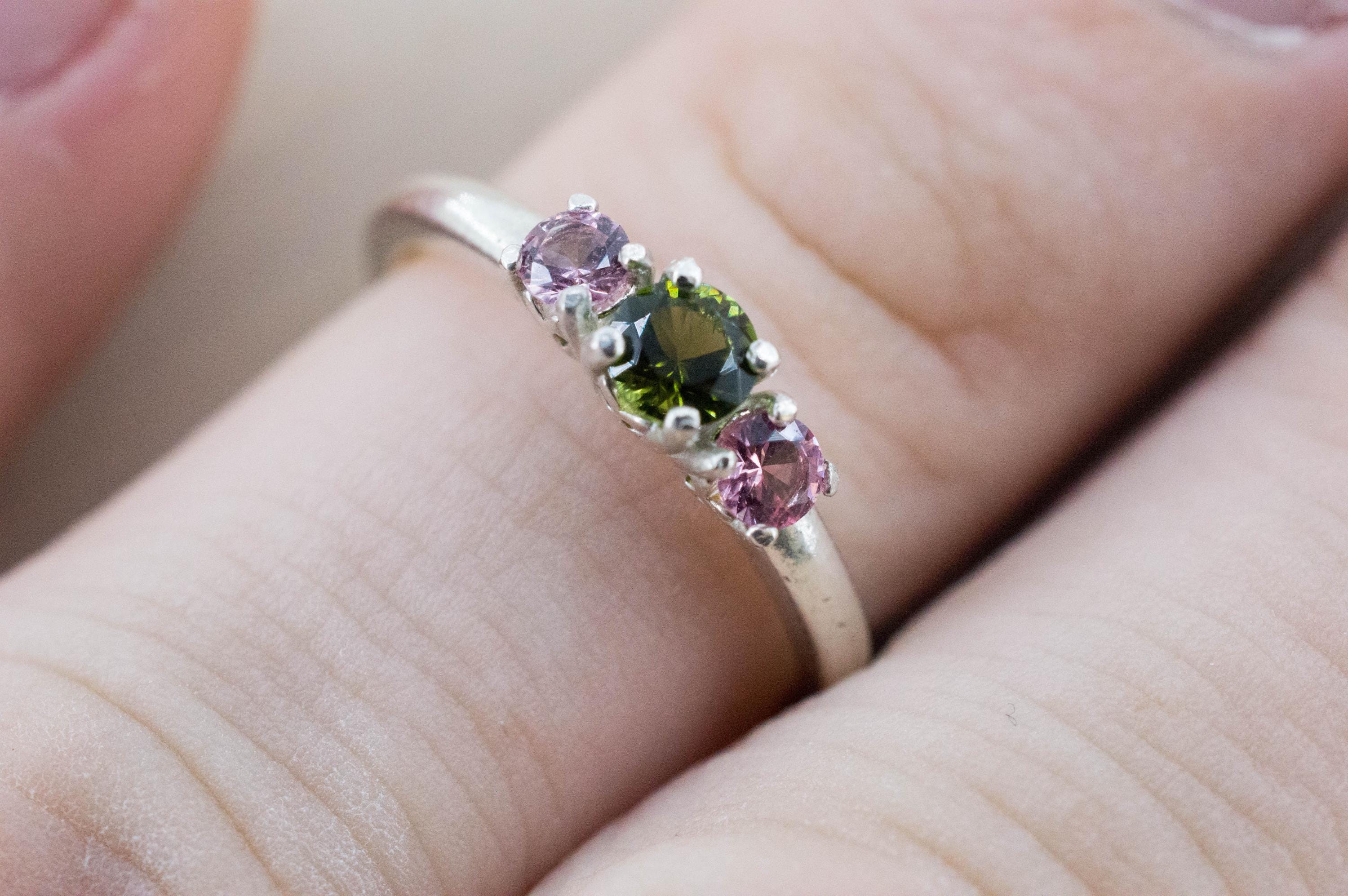 Green Tourmaline and Pink Spinel Ring; Natural Untreated Brazil Tourmaline and Vietnam Spinel
