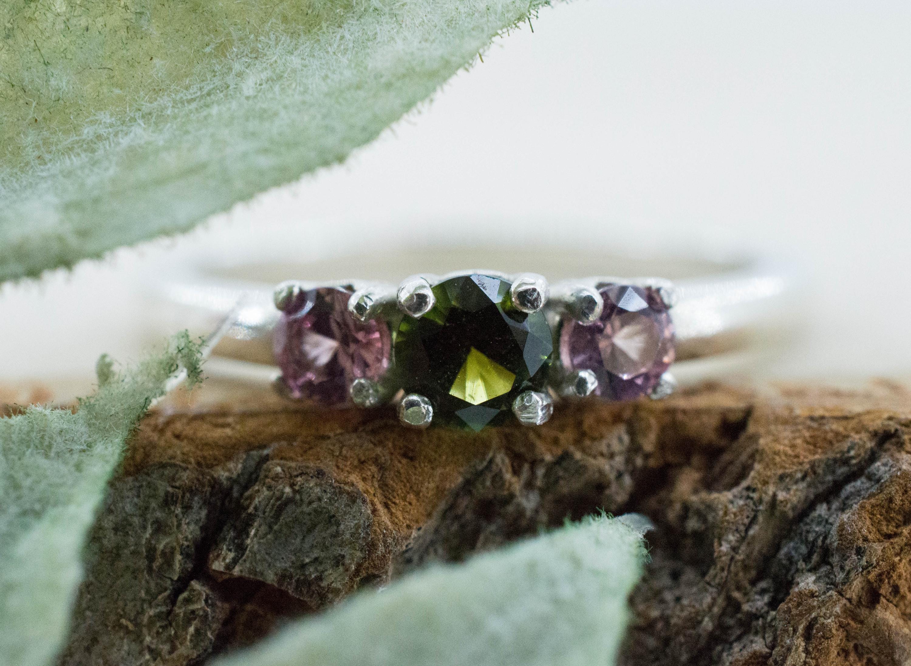 Green Tourmaline and Pink Spinel Ring; Natural Untreated Brazil Tourmaline and Vietnam Spinel