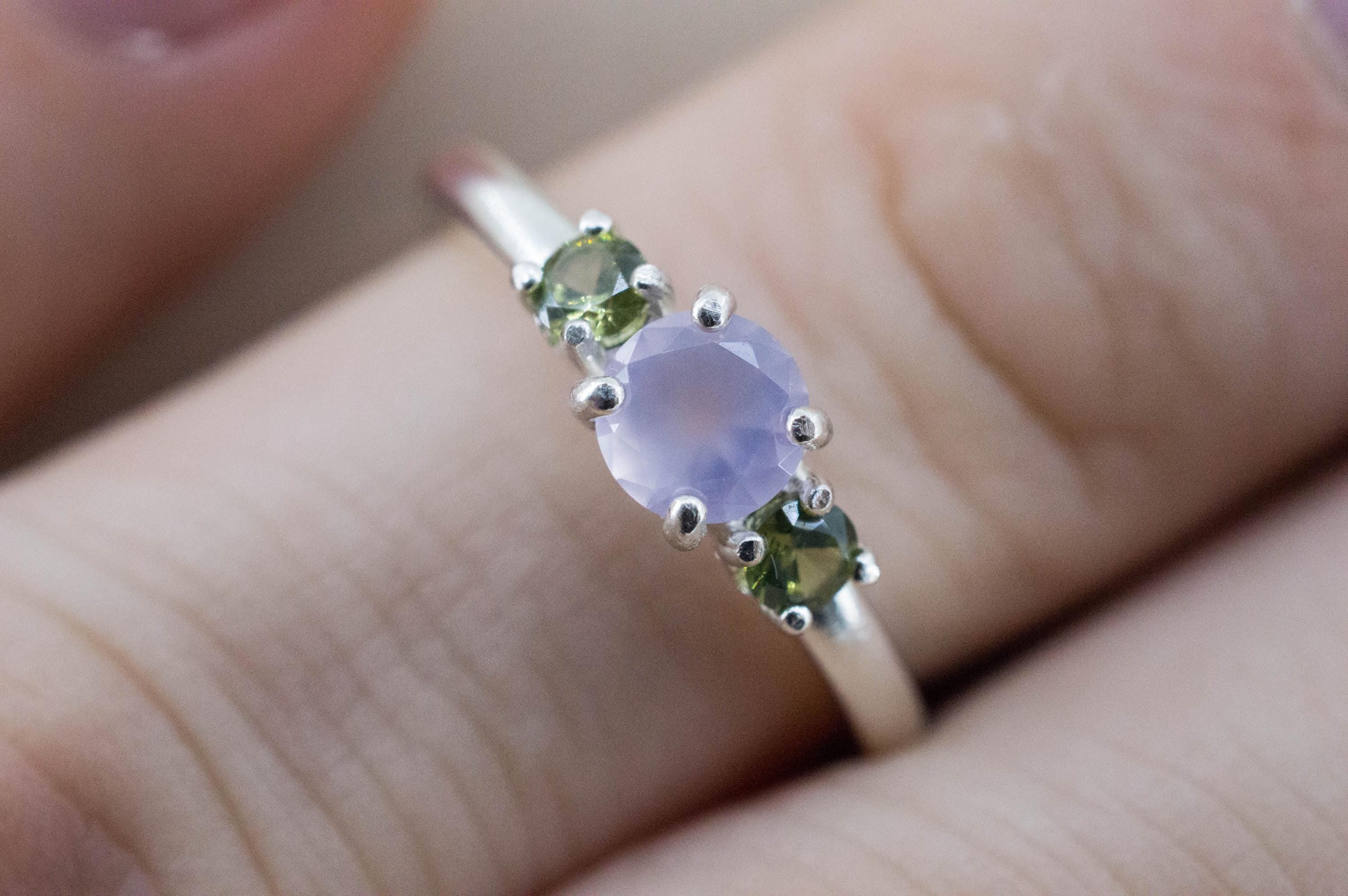Holly Blue Agate Ring; Natural Untreated Oregon Holley Agate and Sri Lanka Green Zircon - Mark Oliver Gems