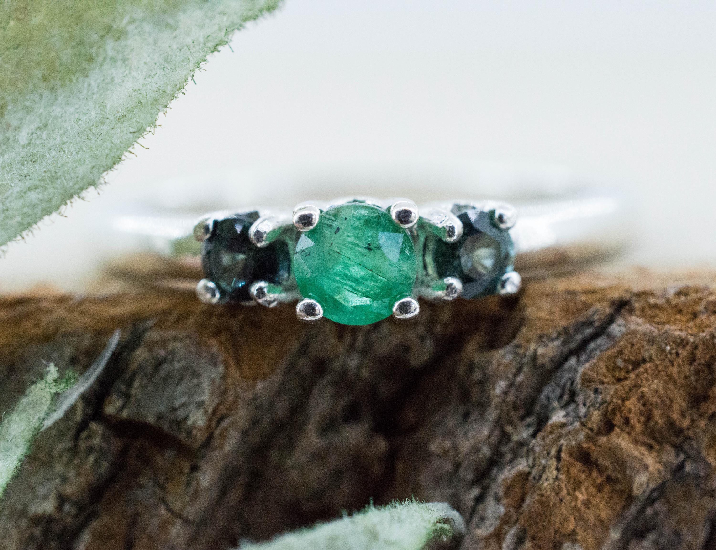 Emerald and Sapphire Ring; Natural Brazil Emerald and Kenya Sapphires - Mark Oliver Gems