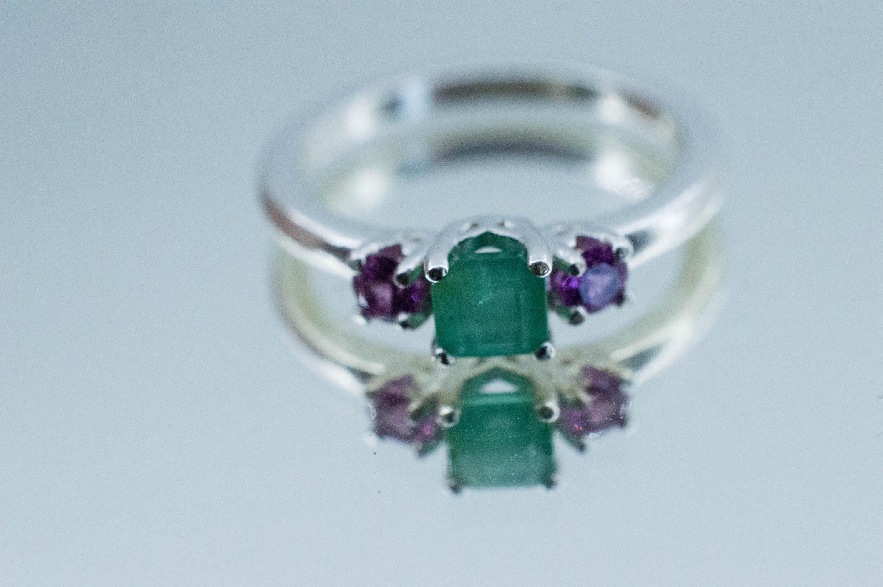 Emerald and Garnet Ring; Natural Brazil Emerald and Mozambique Purple Garnets - Mark Oliver Gems