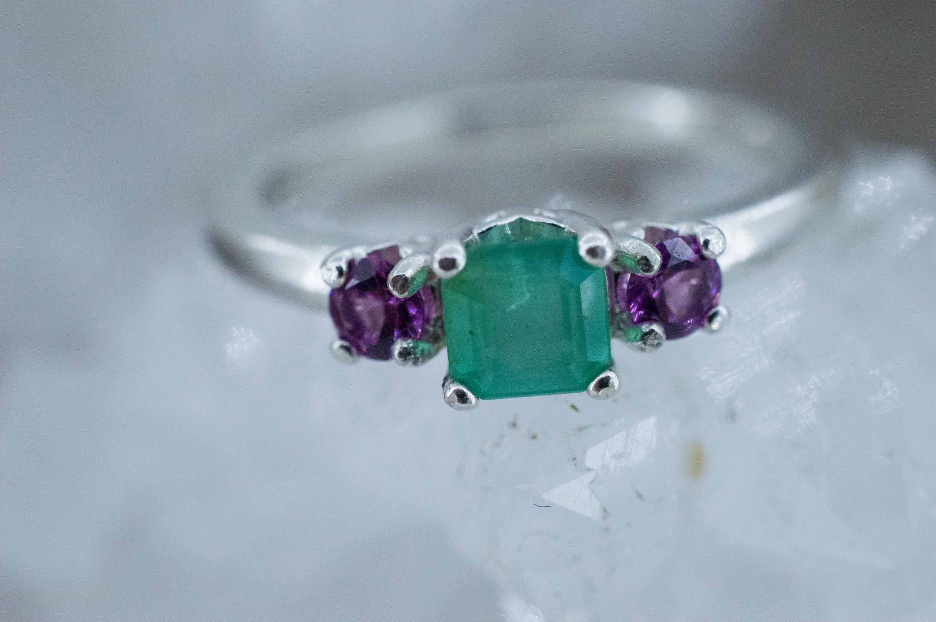 Emerald and Garnet Ring; Natural Brazil Emerald and Mozambique Purple Garnets - Mark Oliver Gems