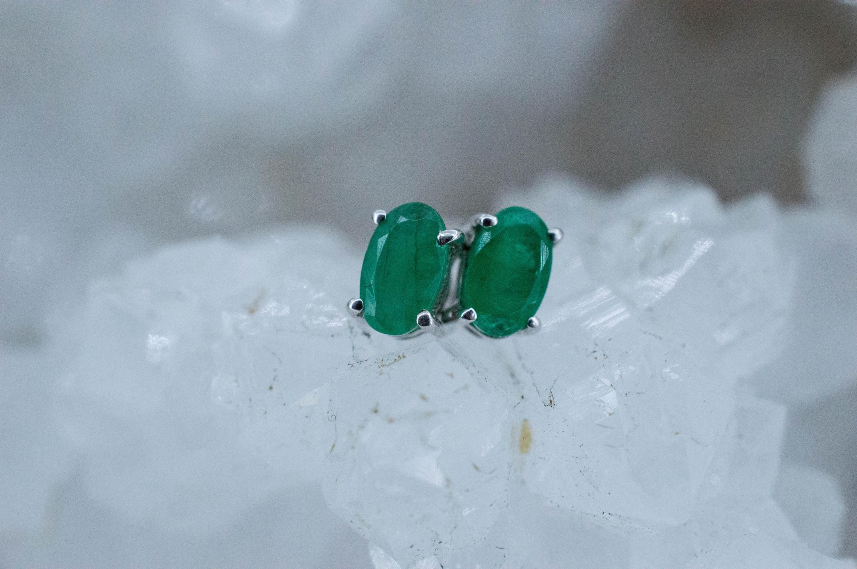 Emerald Earrings; Natural Brazil Emerald; 0.425cts - Mark Oliver Gems