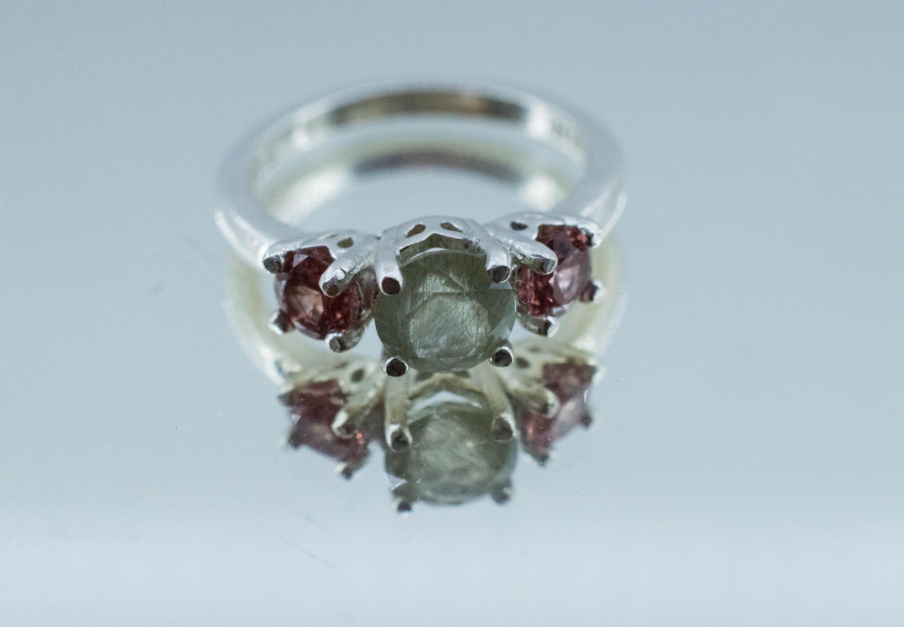 Byssolite Quartz Ring; Natural Untreated Tanzania Included Quartz and Malaya Garnet