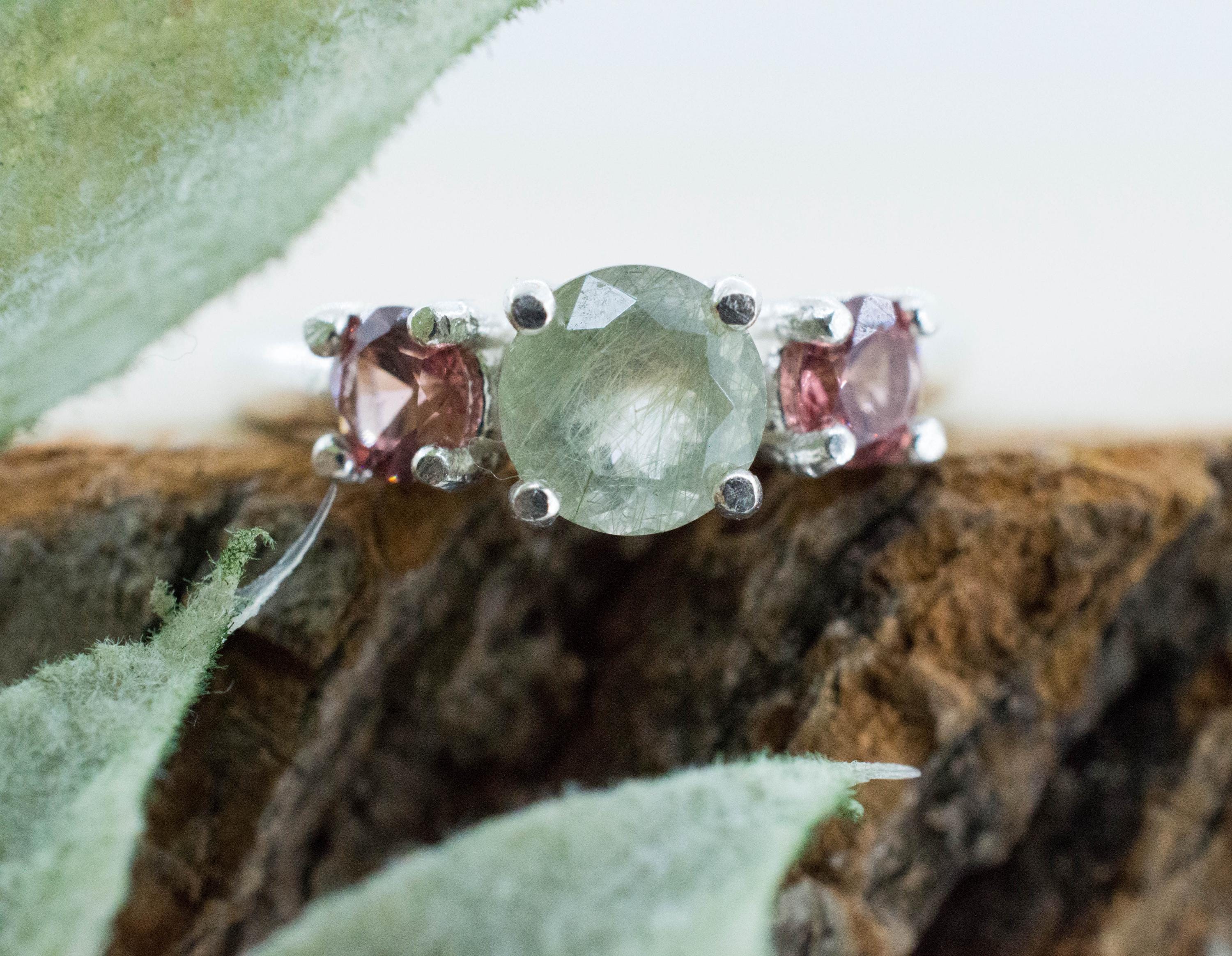 Byssolite Quartz Ring; Natural Untreated Tanzania Included Quartz and Malaya Garnet