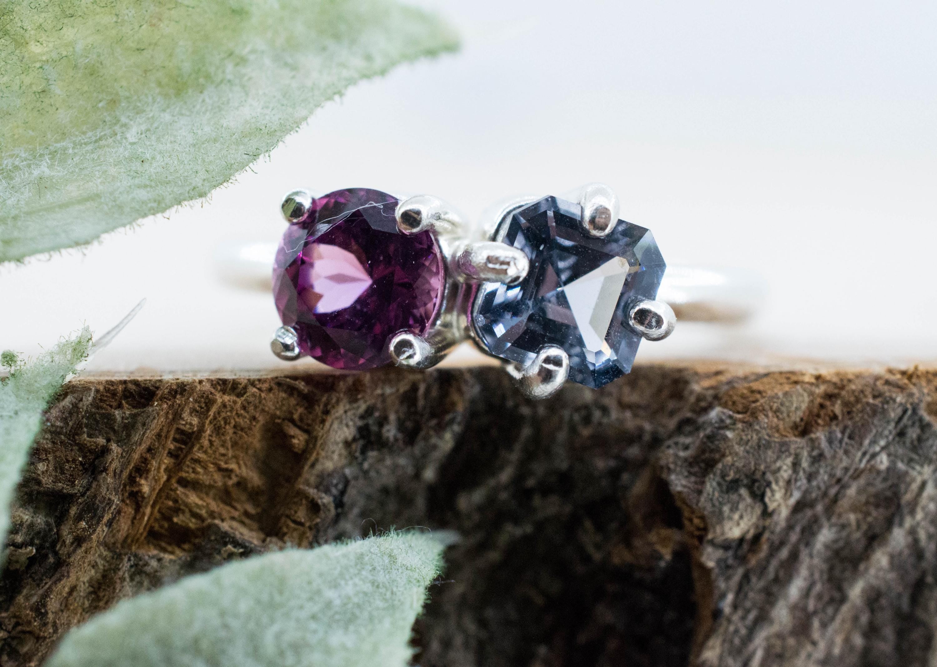 Gray Spinel and Mahenge Garnet Ring; Natural Untreated Mozambique Spinel and Tanzania Garnet