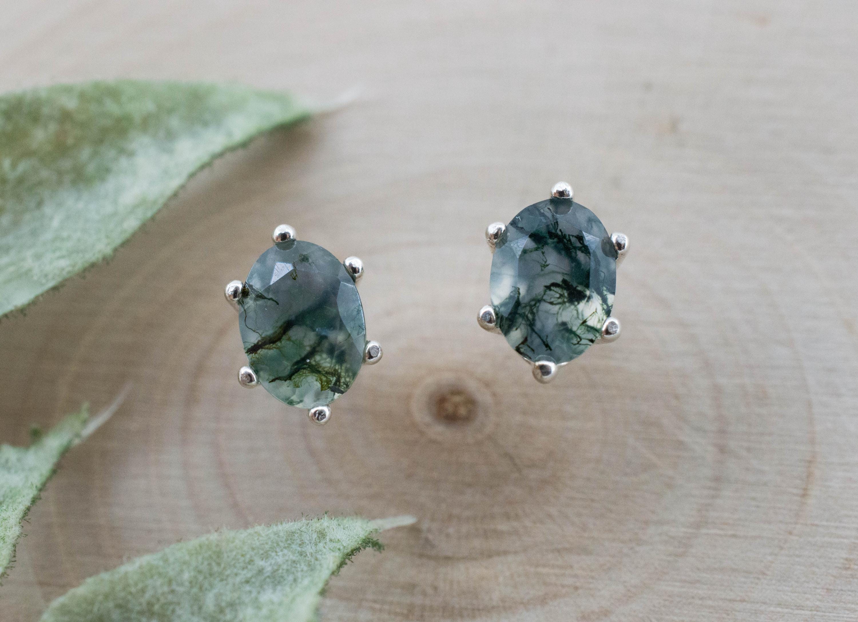 Green Moss Agate Earrings, Natural Untreated India Agate; 1.440cts