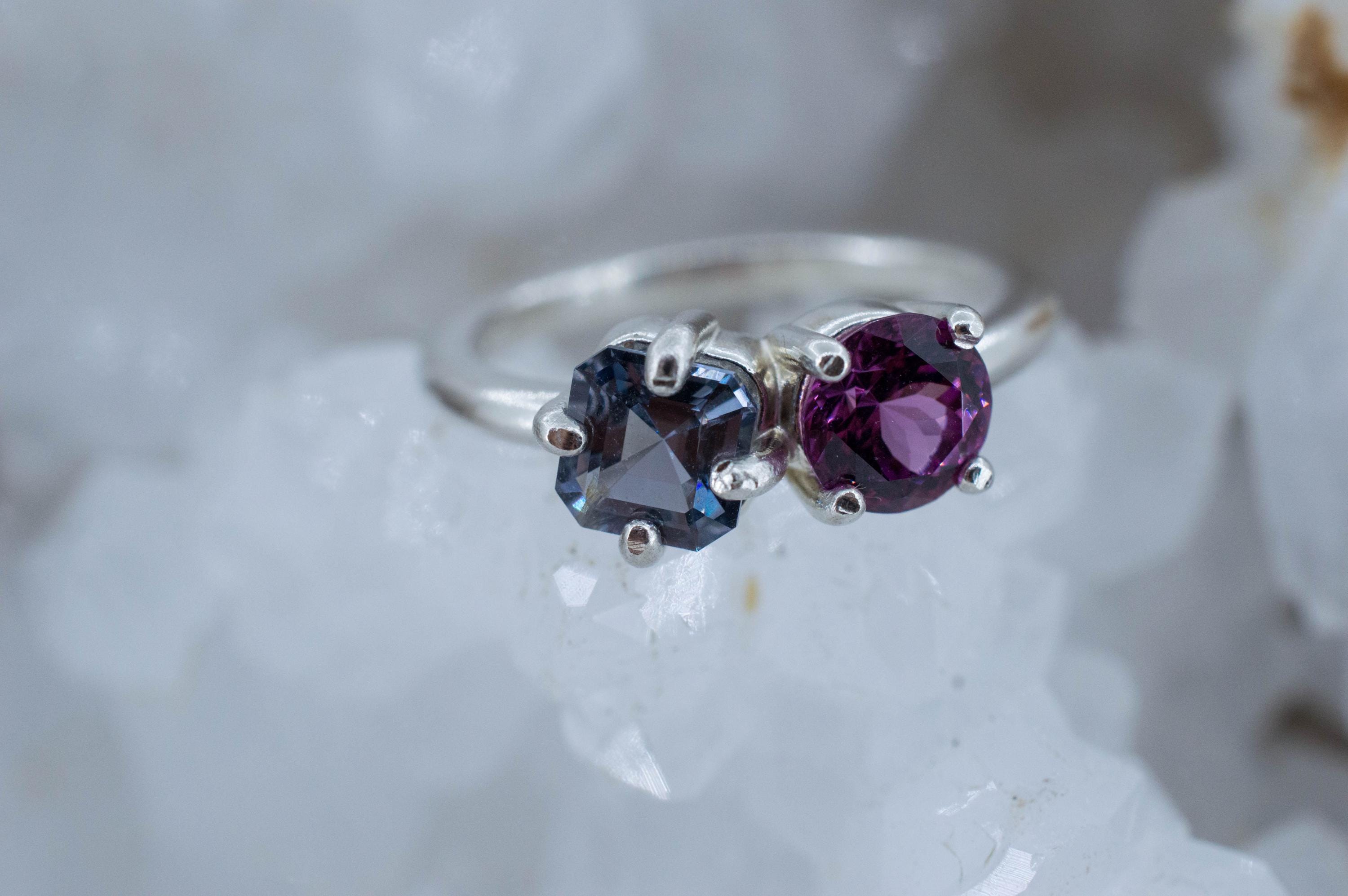 Gray Spinel and Mahenge Garnet Ring; Natural Untreated Mozambique Spinel and Tanzania Garnet