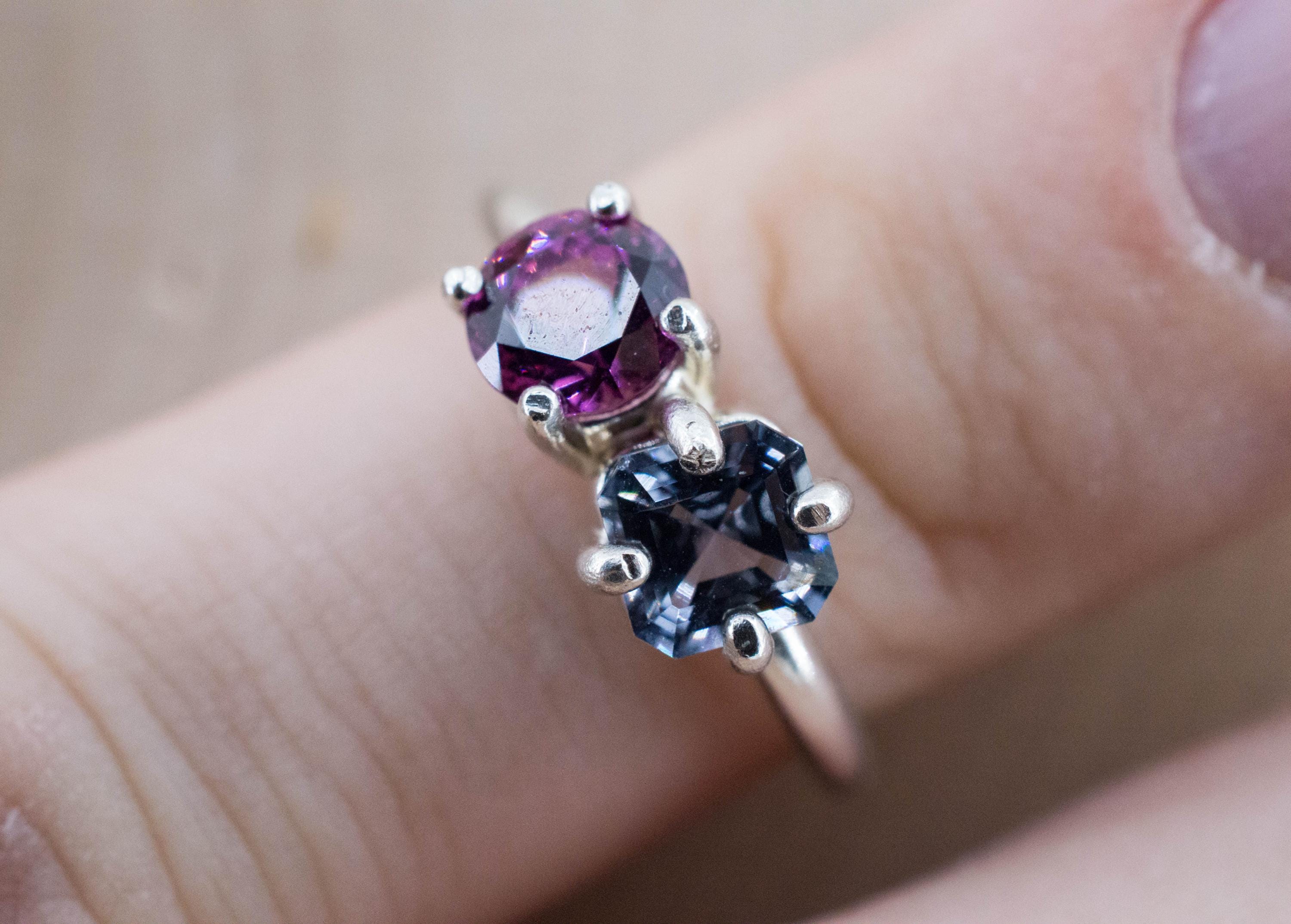 Gray Spinel and Mahenge Garnet Ring; Natural Untreated Mozambique Spinel and Tanzania Garnet