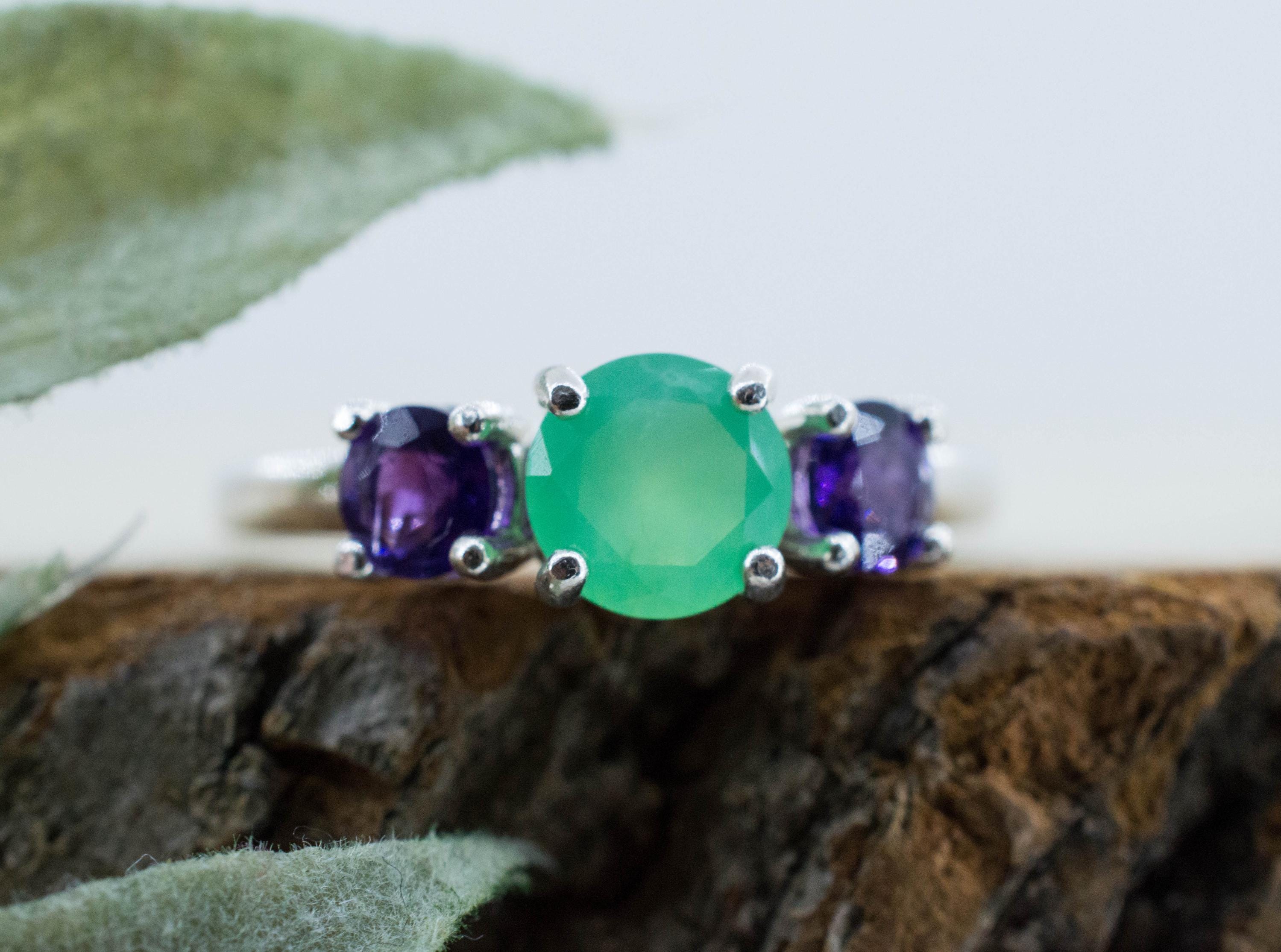 Chrysoprase and Amethyst Ring, Natural Untreated Australian Chrysoprase