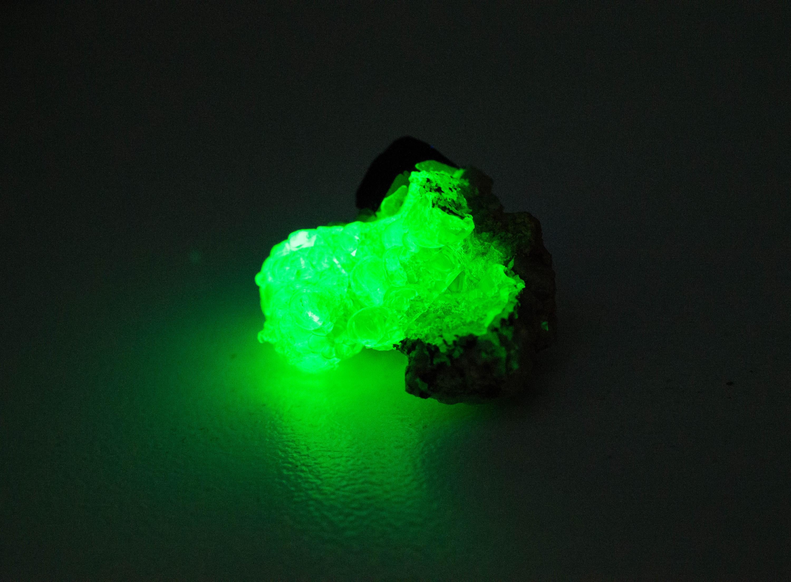 Hyalite Opal and Black Tourmaline Specimen; Natural Untreated Erongo Namibia Fluorescent Opal; 19.390cts