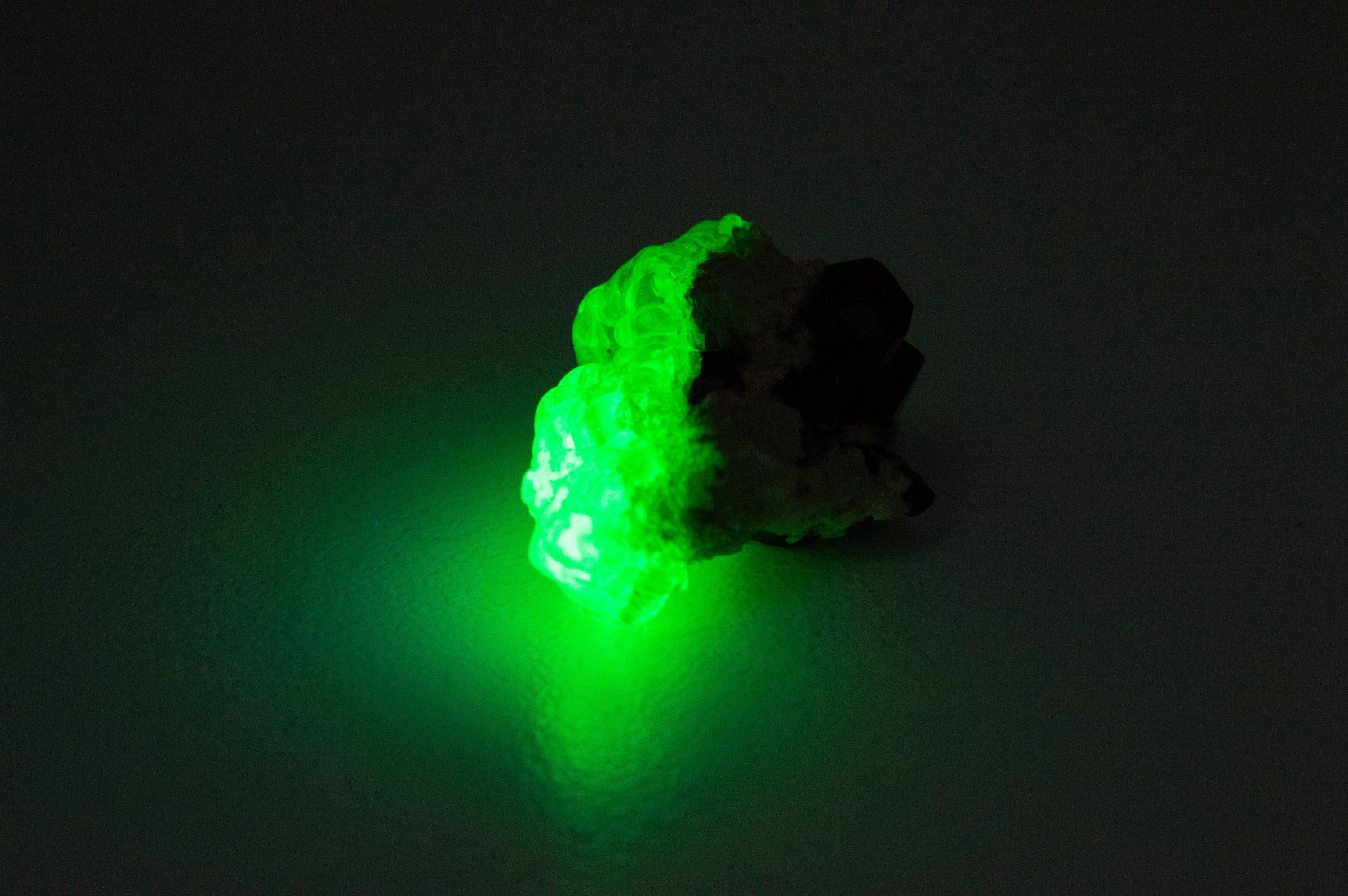 Hyalite Opal and Black Tourmaline Specimen; Natural Untreated Erongo Namibia Fluorescent Opal; 26.665cts