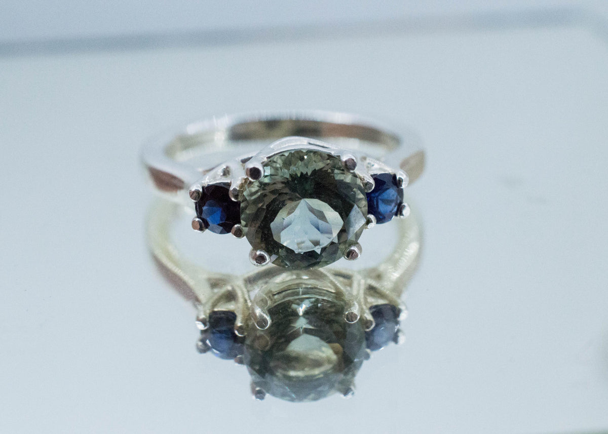 Prasiolite and Sapphire Ring, Natural Brazil Green Amethyst; Thailand Sapphire