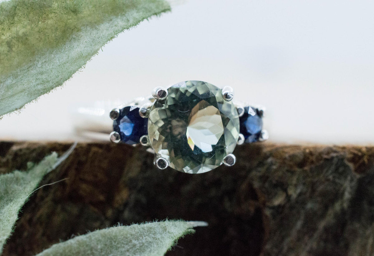 Prasiolite and Sapphire Ring, Natural Brazil Green Amethyst; Thailand Sapphire