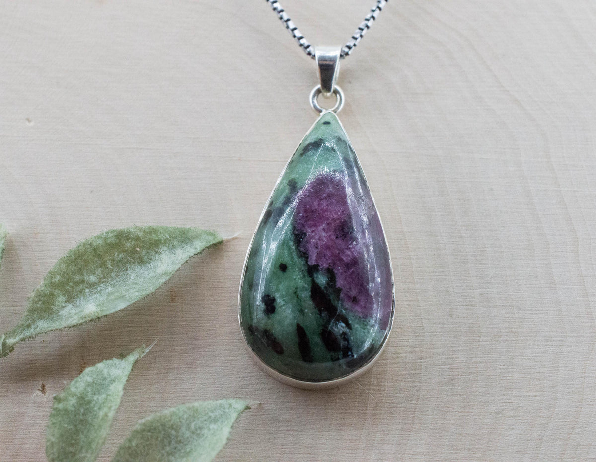 Ruby Zoisite Pendant; Natural Untreated Tanzania Anyolite; 34x19mm