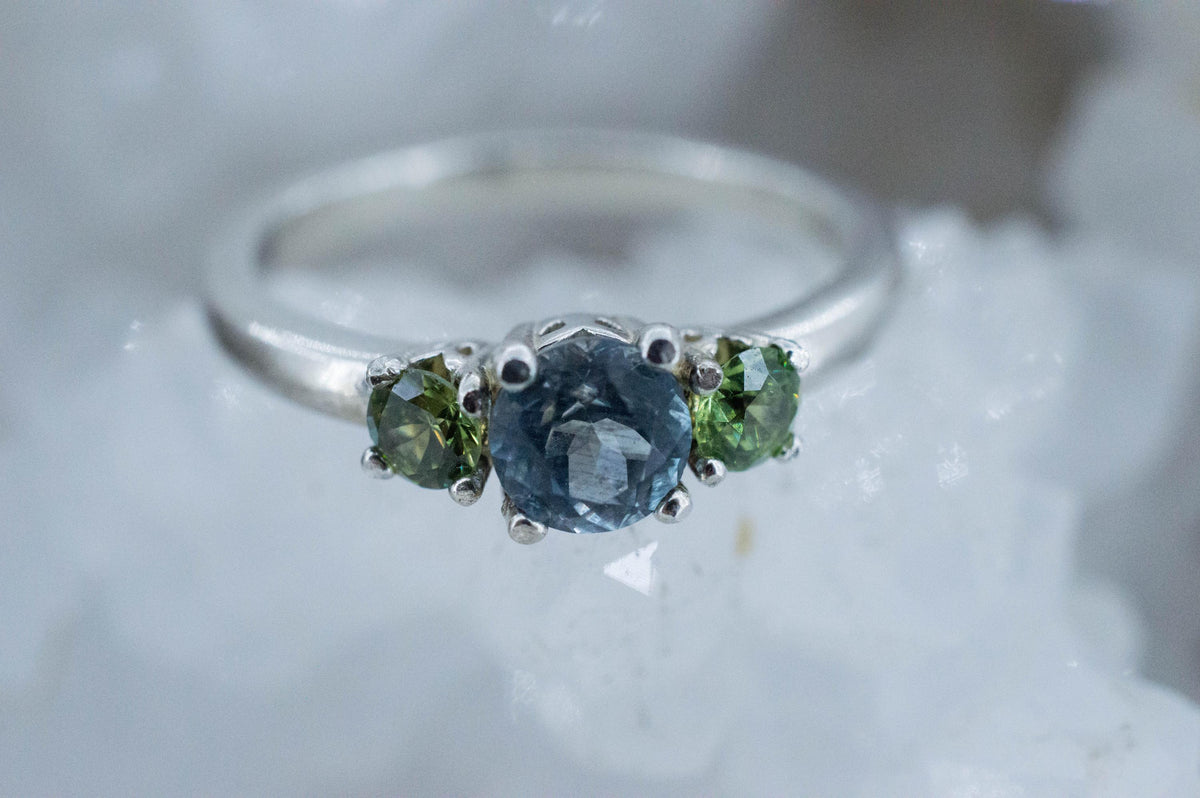 Aquamarine and Demantoid Garnet Ring, Natural Untreated Nigeria Aquamarine; Russia Demantoid