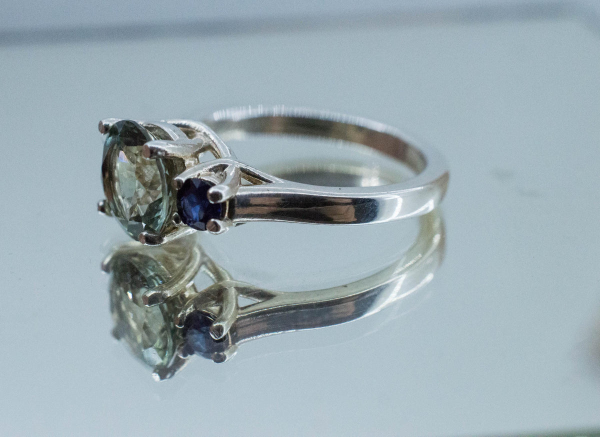 Prasiolite and Sapphire Ring, Natural Brazil Green Amethyst; Thailand Sapphire