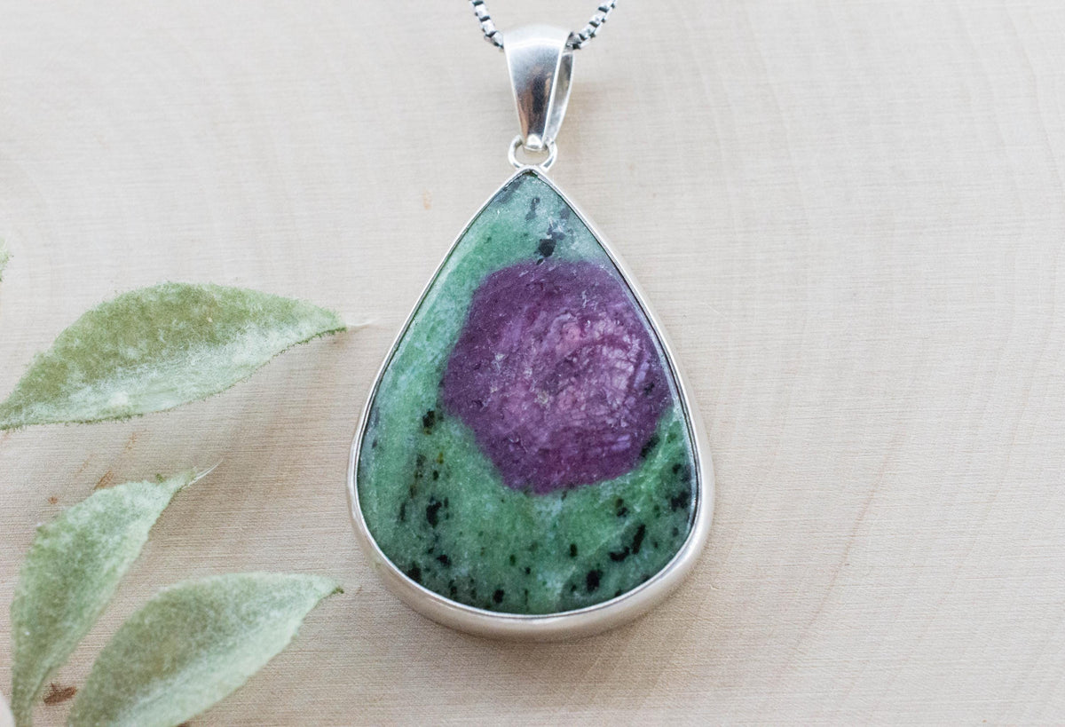 Ruby Zoisite Pendant; Natural Untreated Tanzania Anyolite; 37x27mm