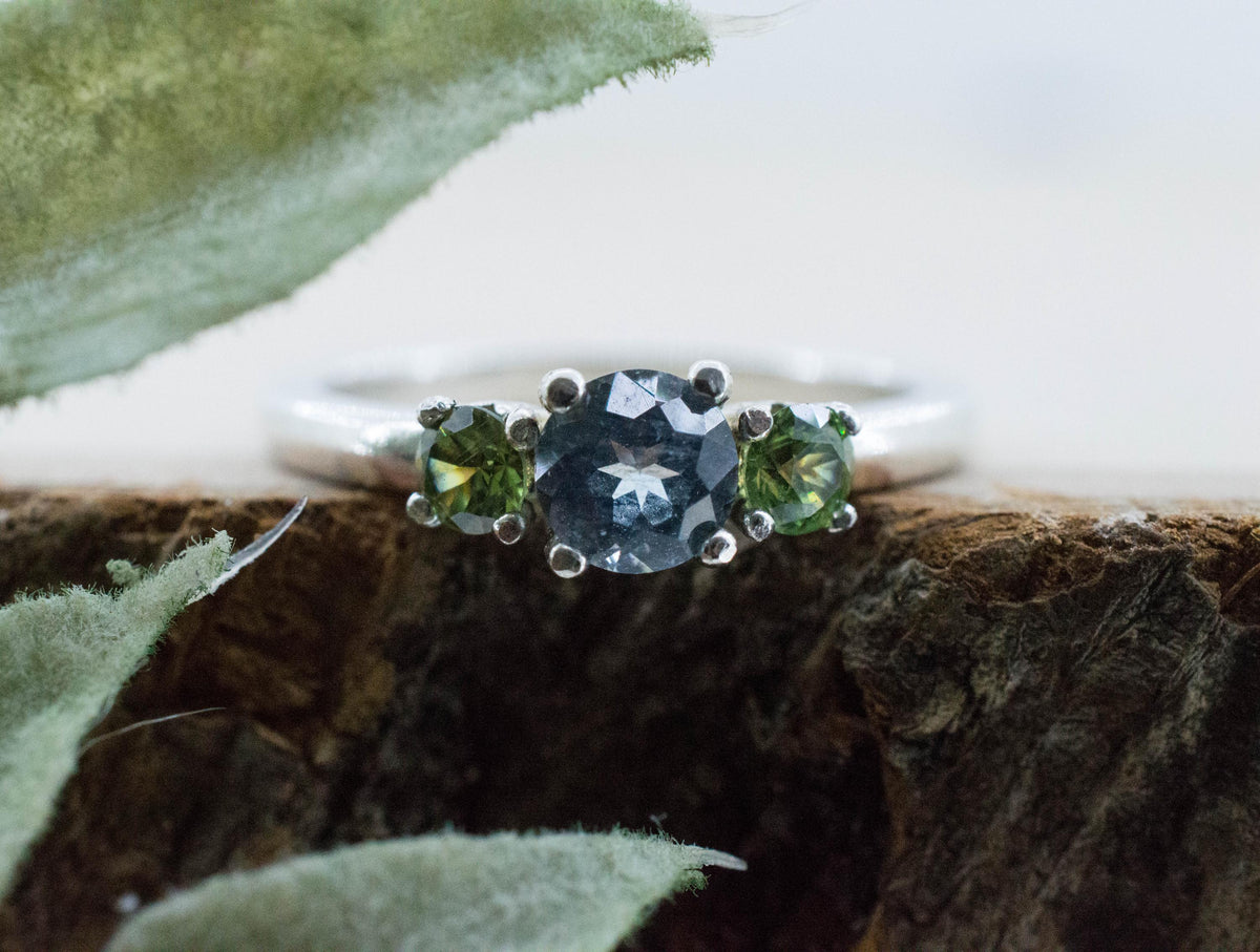 Aquamarine and Demantoid Garnet Ring, Natural Untreated Nigeria Aquamarine; Russia Demantoid