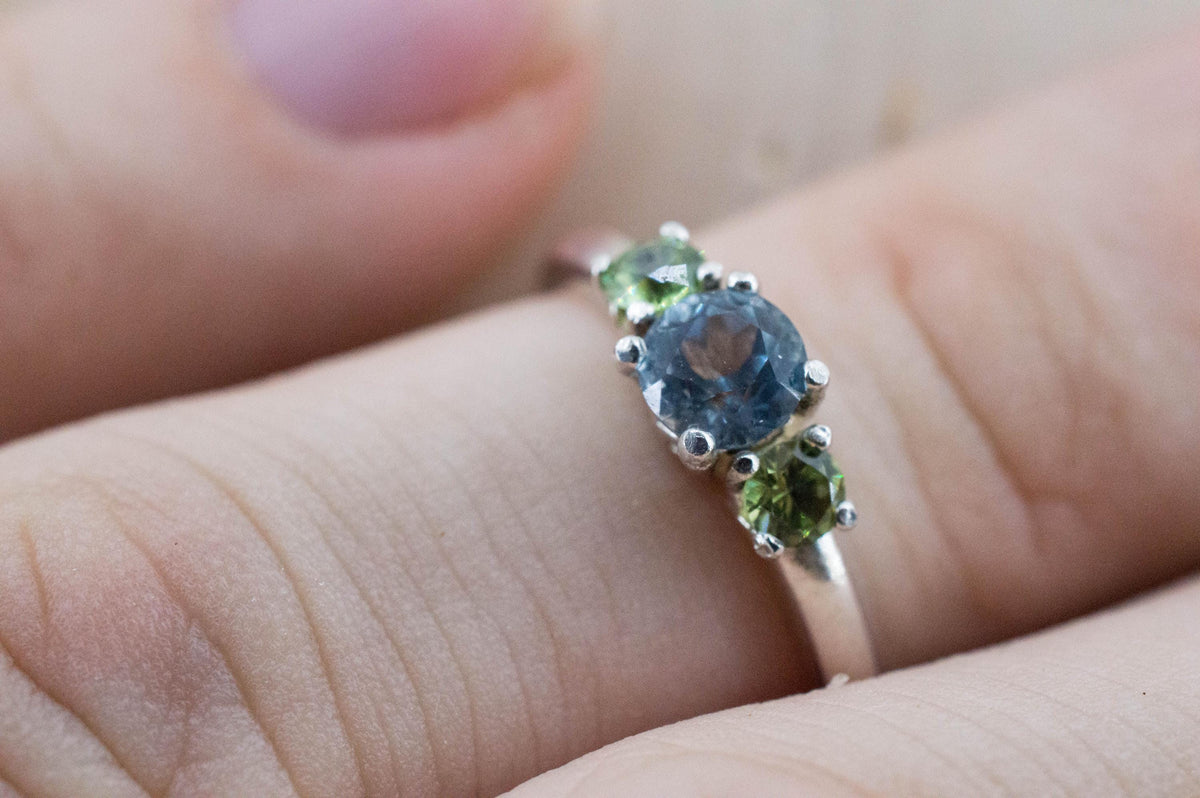 Aquamarine and Demantoid Garnet Ring, Natural Untreated Nigeria Aquamarine; Russia Demantoid