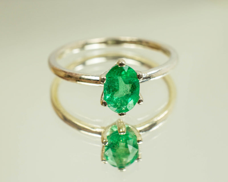 Colombian Emerald Sterling Silver Ring; Genuine Oiled Emerald