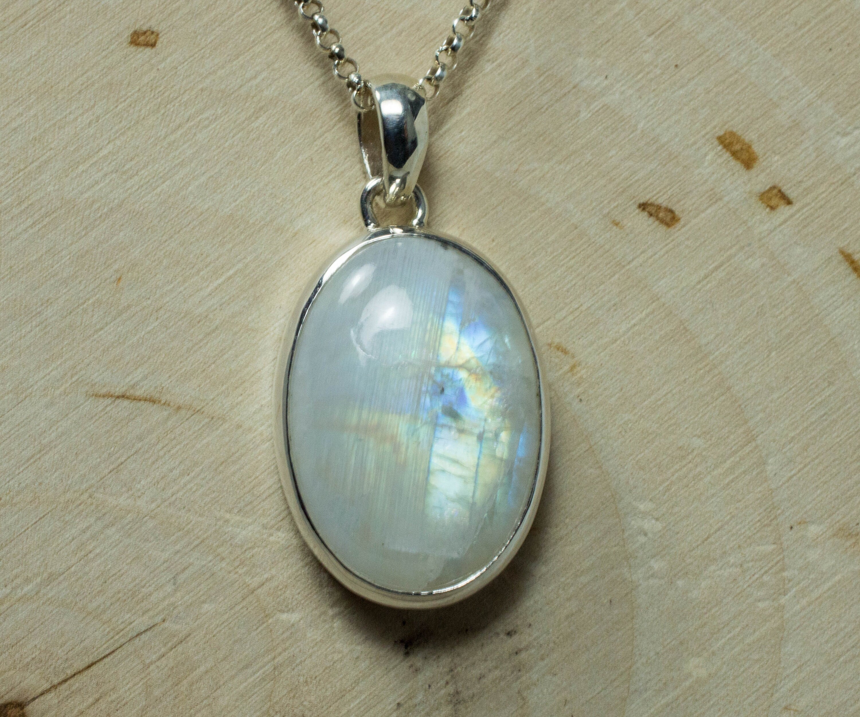 Rainbow Moonstone Sterling Silver Pendant, Genuine Untreated Moonstone - Mark Oliver Gems