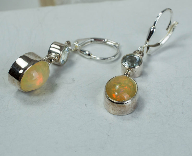 Ethiopian Welo Opal Sterling Silver Earrings; Genuine Untreated Ethiopian Opals; Silver Topaz Earrings