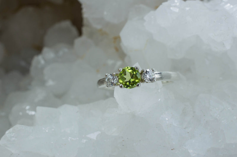 Peridot and White Zircon Sterling Silver Ring, Genuine Untreated Peridot and White Zircon