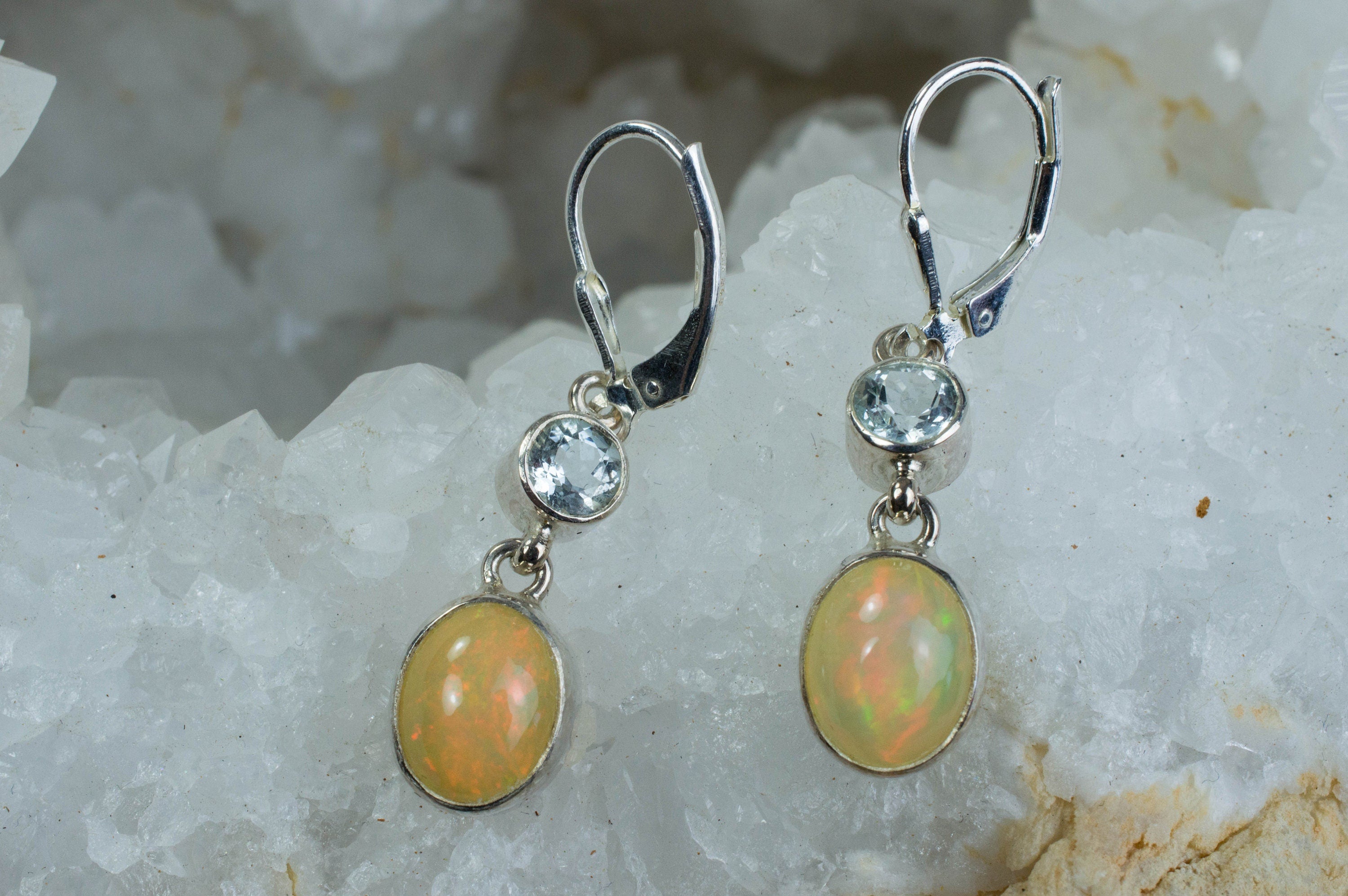 Ethiopian Welo Opal Sterling Silver Earrings; Genuine Untreated Ethiopian Opals; Silver Topaz Earrings - Mark Oliver Gems