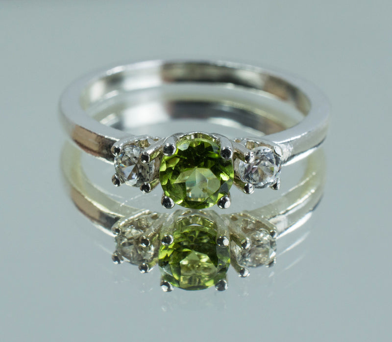 Peridot and White Zircon Sterling Silver Ring, Genuine Untreated Peridot and White Zircon