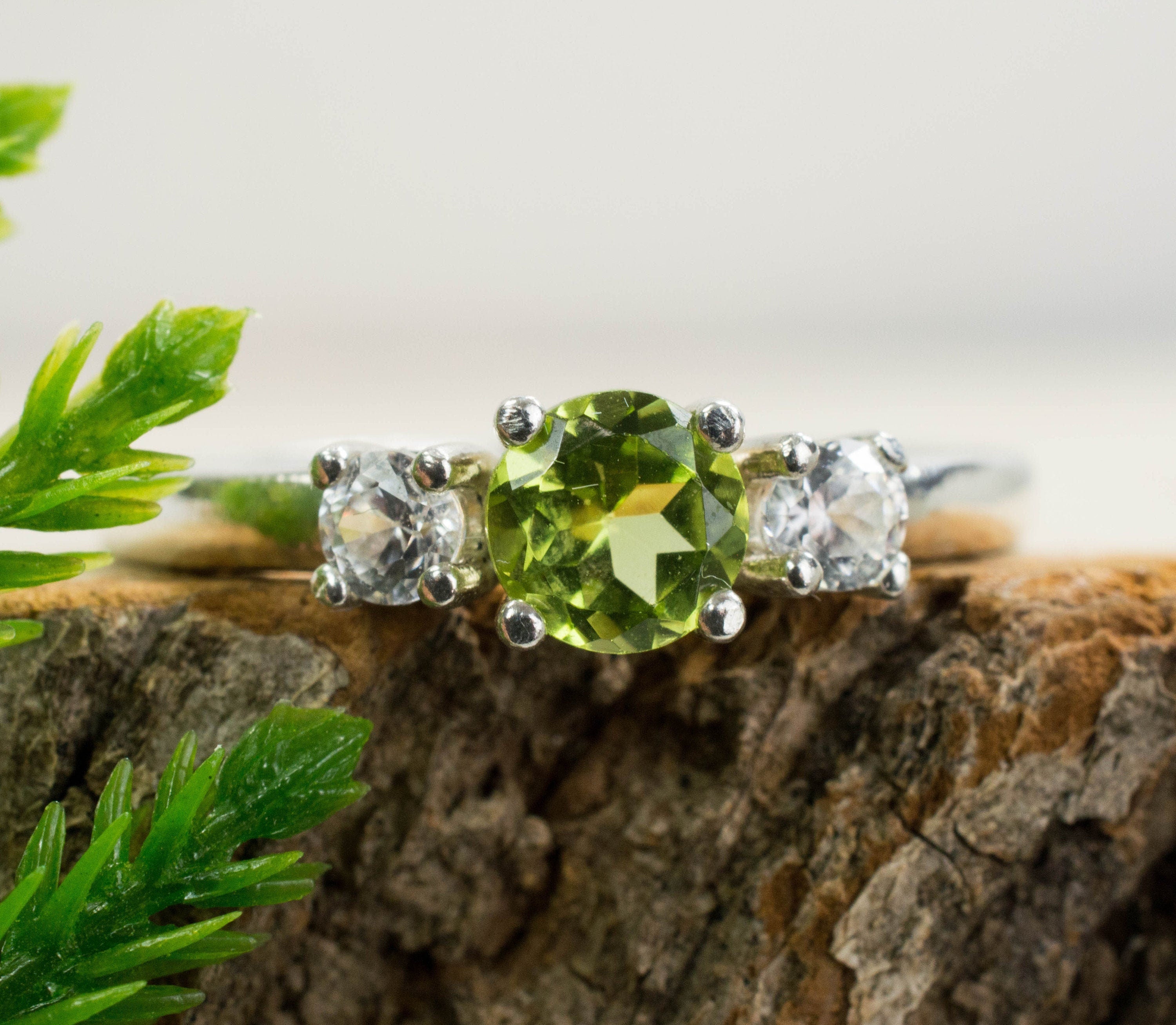 Peridot and White Zircon Sterling Silver Ring, Genuine Untreated Peridot and White Zircon - Mark Oliver Gems