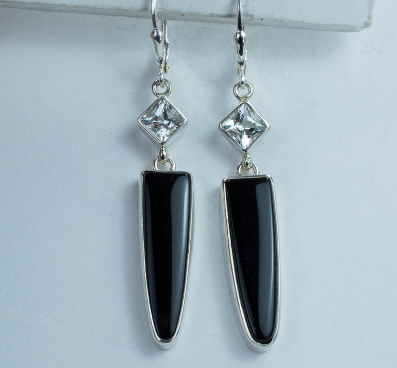 Black Onyx and Silver Topaz Sterling Silver Earrings; Genuine Untreated Onyx and Topaz