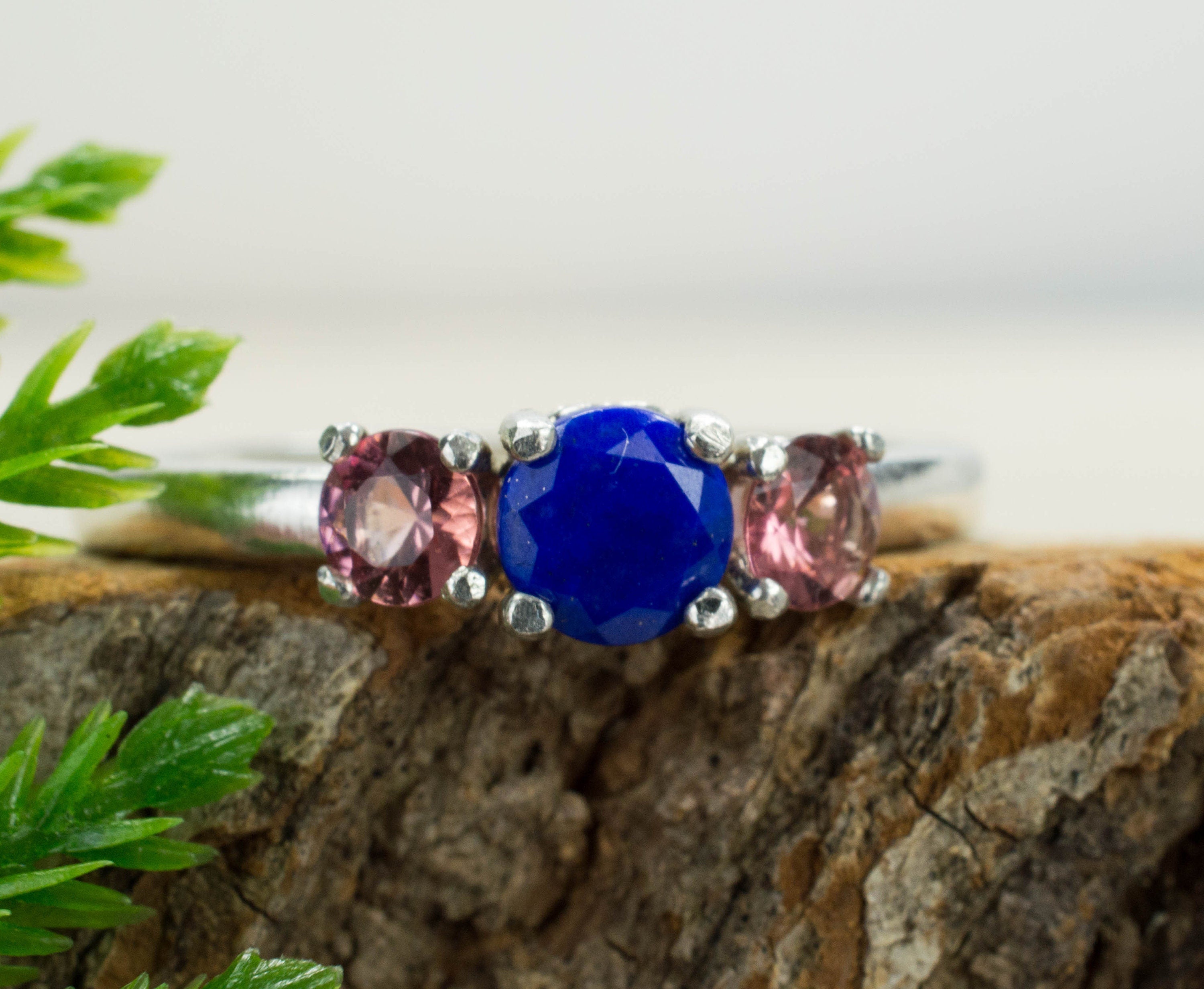 Lapis Lazuli and Pink Tourmaline Sterling Silver Ring, Genuine Untreated Lapis and Tourmaline; Tourmaline Ring; Lapis Ring - Mark Oliver Gems