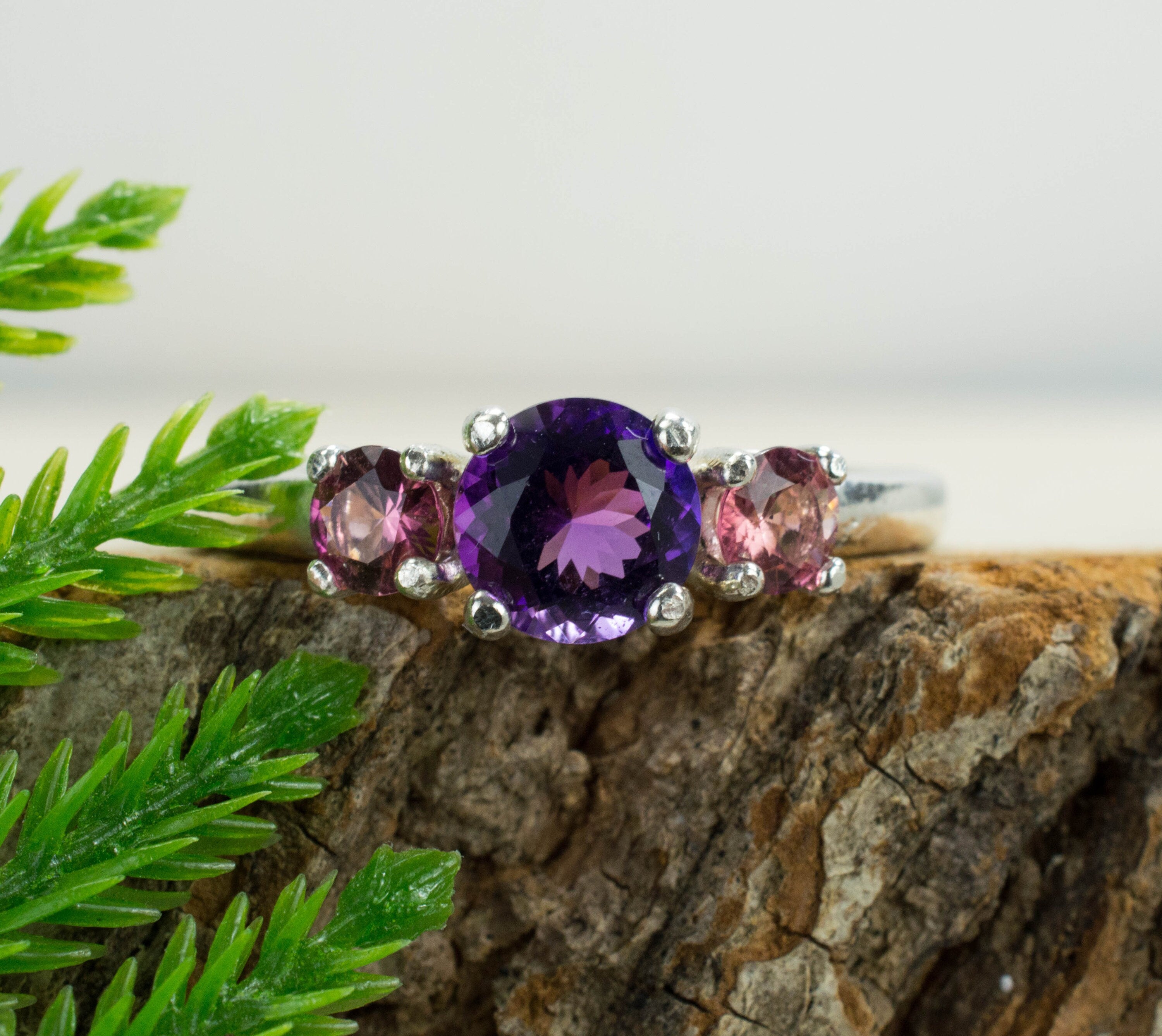 Amethyst and Pink Tourmaline Sterling Silver Ring; Genuine Untreated Amethyst and Tourmaline; Amethyst Ring; Pink Tourmaline Ring - Mark Oliver Gems