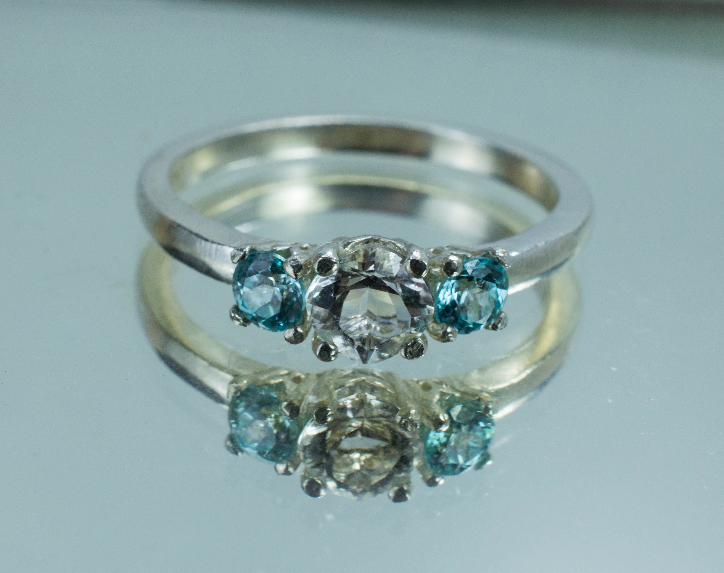Tanzanian Quartz and Blue Zircon Sterling Silver Ring, Genuine Untreated Mondo Quartz and Cambodian Zircon; Blue Zircon Ring; Quartz Ring - Mark Oliver Gems