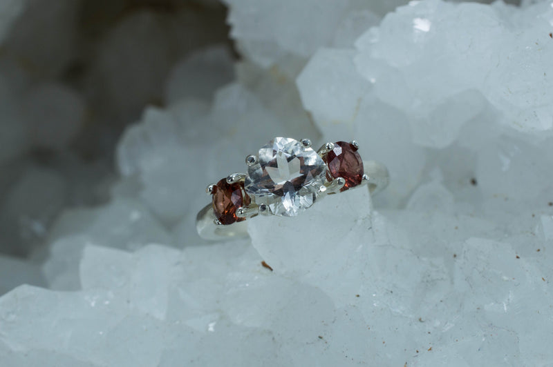 Tanzanian Quartz and Rhodolite Garnet Sterling Silver Ring, Genuine Untreated Mondo Quartz and NC Rhodolite