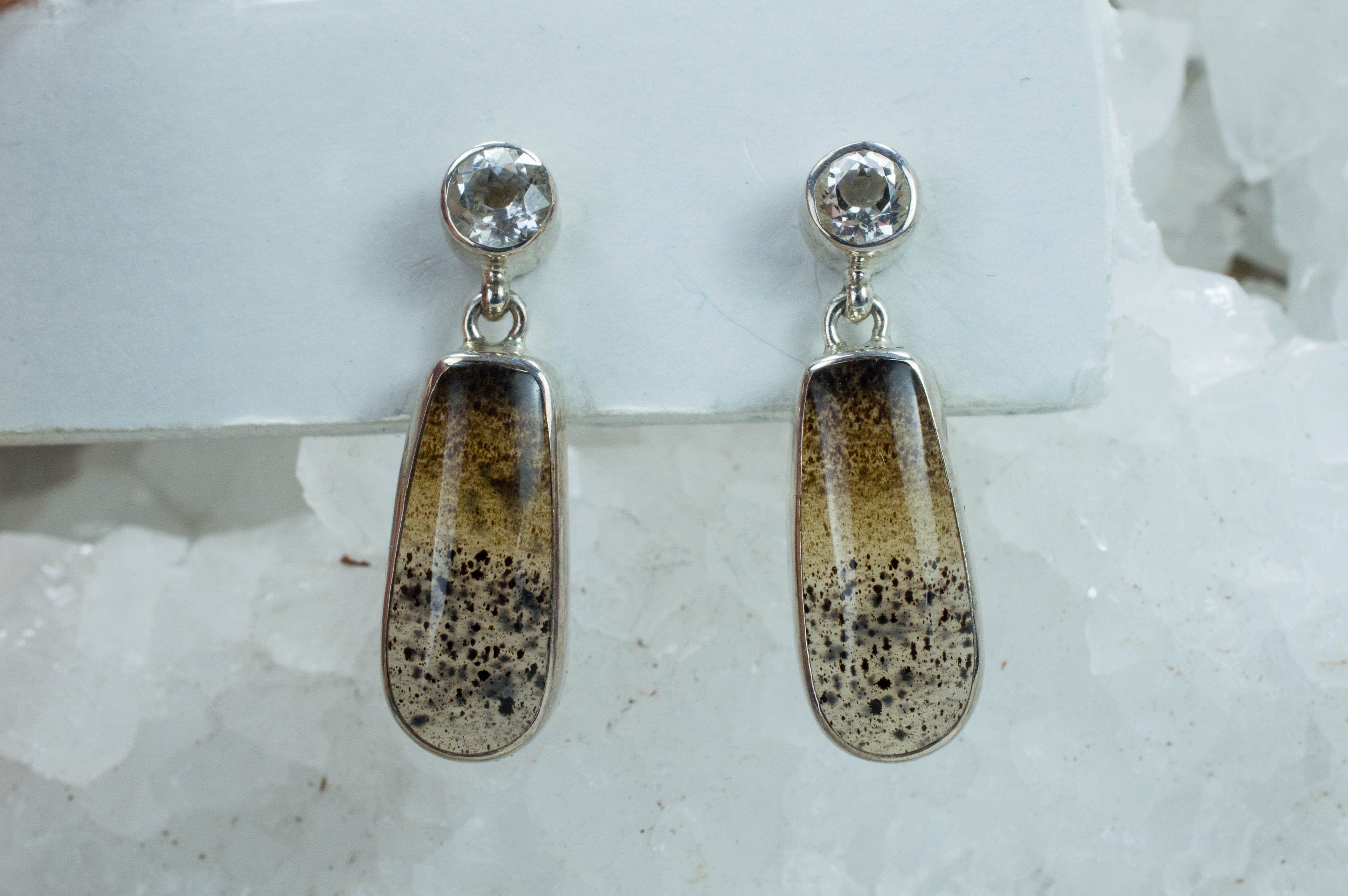 Montana Moss Agate and Quartz Sterling Silver Earrings, Genuine Untreated Agate; Agate Earrings - Mark Oliver Gems