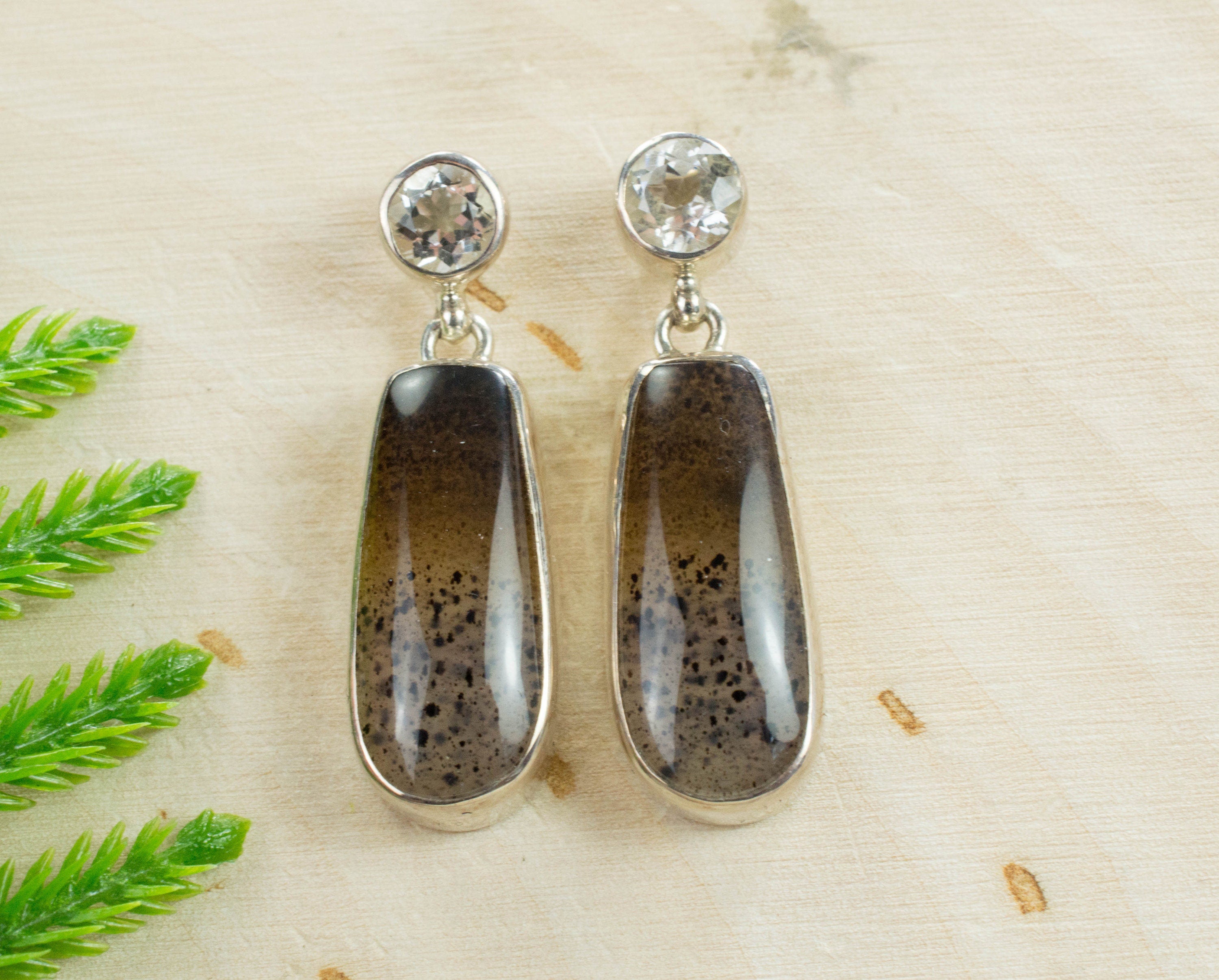 Montana Moss Agate and Quartz Sterling Silver Earrings, Genuine Untreated Agate; Agate Earrings - Mark Oliver Gems