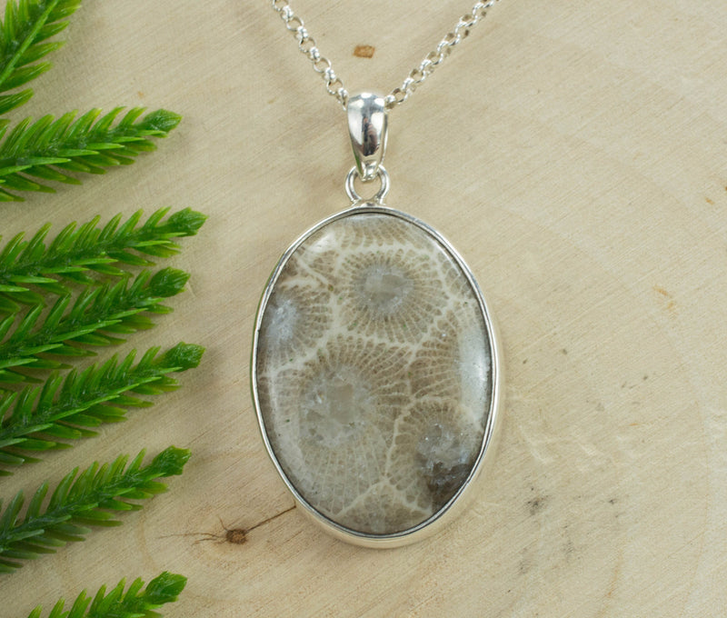Petoskey Stone Sterling Silver Pendant; Genuine Untreated Michigan Fossil Coral; Petoskey Stone