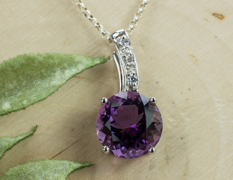 Amethyst Sterling Silver Pendant, Natural Untreated Brazilian Amethyst and Cambodia Zircon; Amethyst Necklace