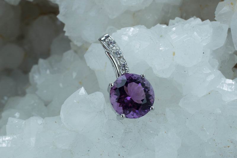 Amethyst Sterling Silver Pendant, Natural Untreated Brazilian Amethyst and Cambodia Zircon; Amethyst Necklace