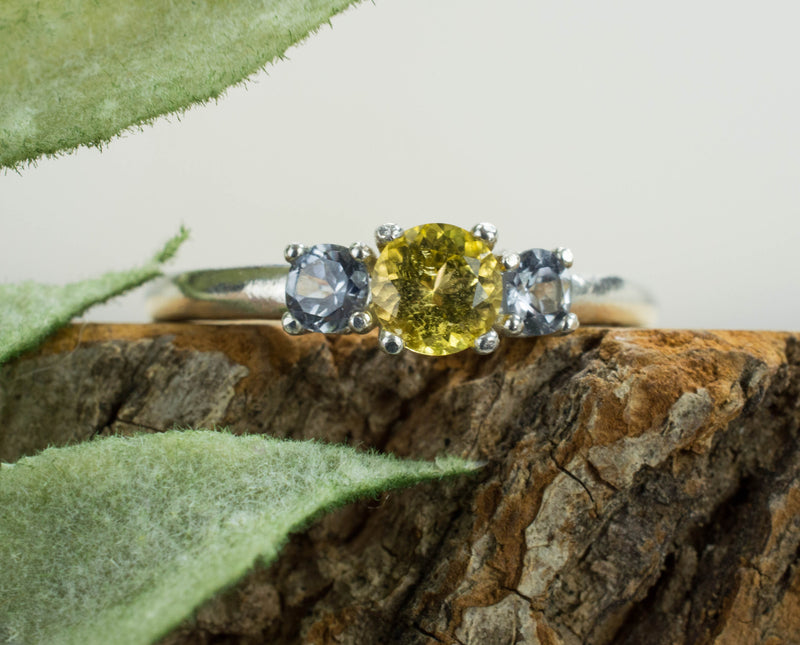 Yellow Tourmaline and Gray Spinel Sterling Silver Ring, Genuine Untreated Tourmaline and Spinel; Gray Spinel Ring; Tourmaline Ring