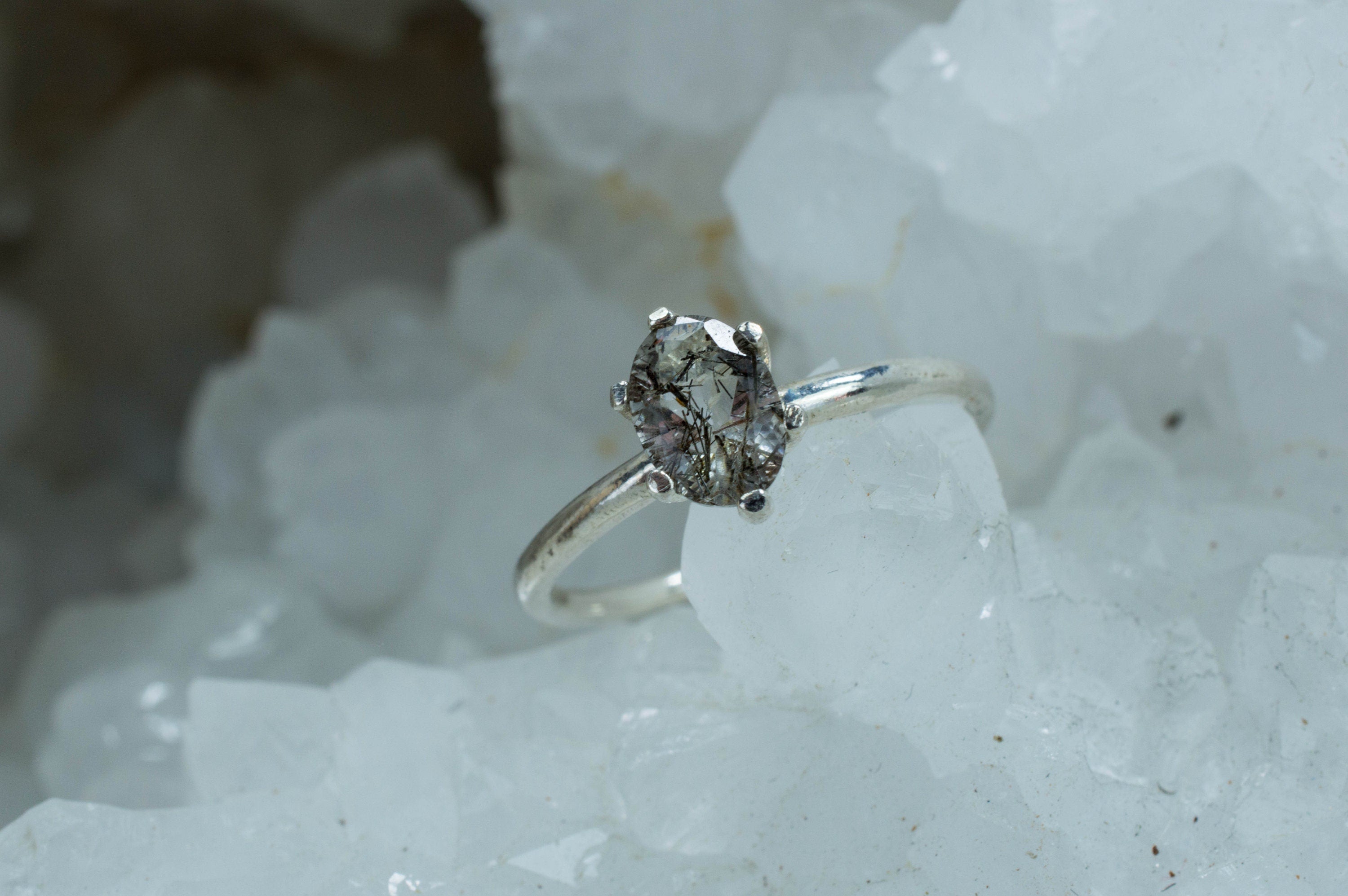 Rutile Quartz Sterling Silver Ring; Genuine Untreated Brazil Quartz; Tourmilated Quartz Ring - Mark Oliver Gems