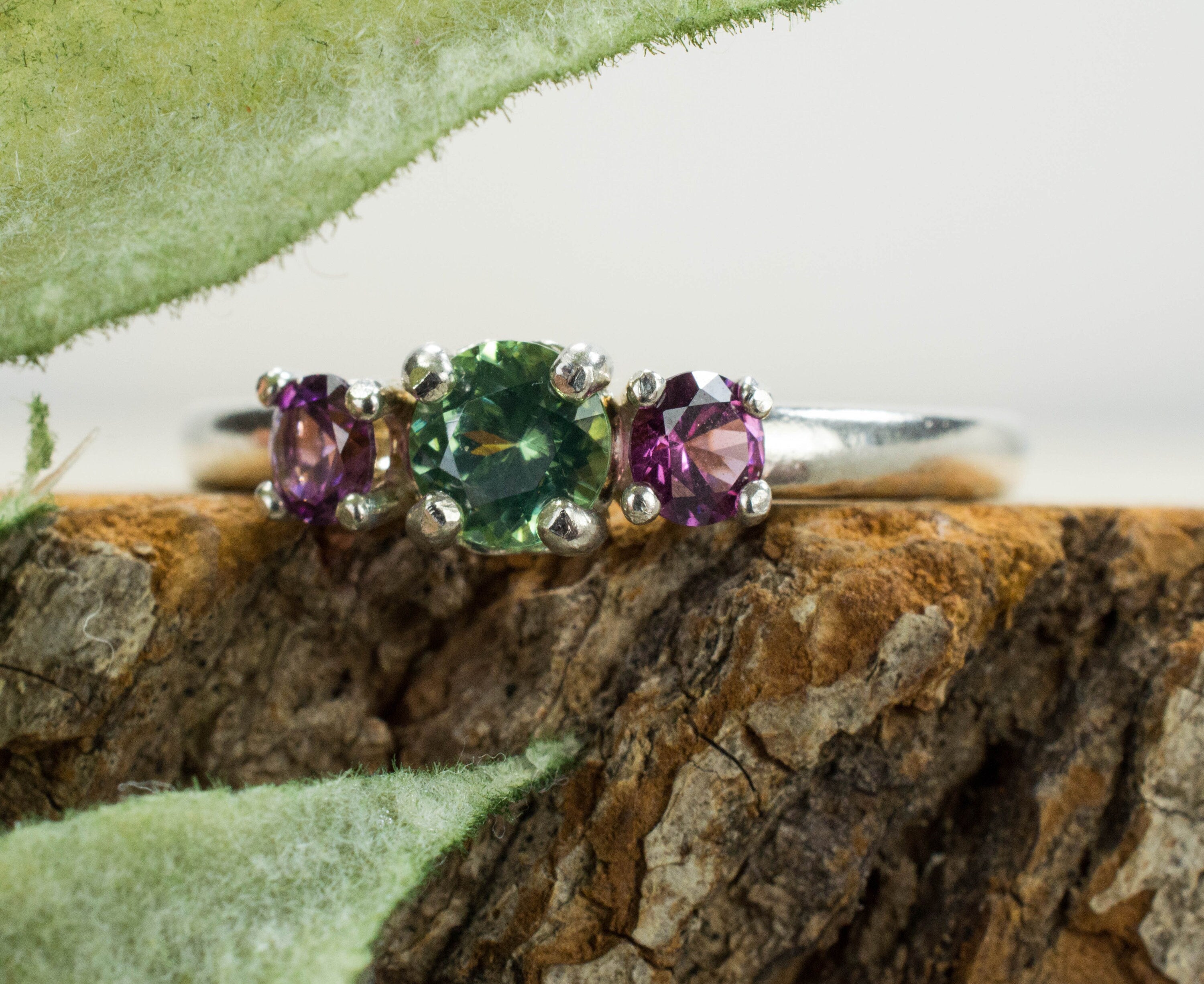 Green Zircon Ring; Genuine Untreated Zircon and Purple Garnet - Mark Oliver Gems