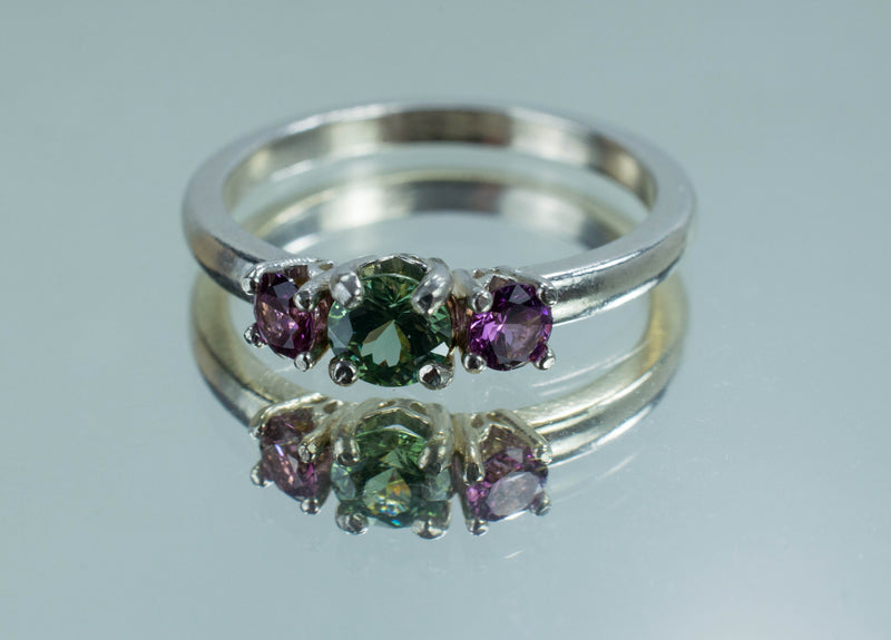 Green Zircon Ring; Genuine Untreated Zircon and Purple Garnet